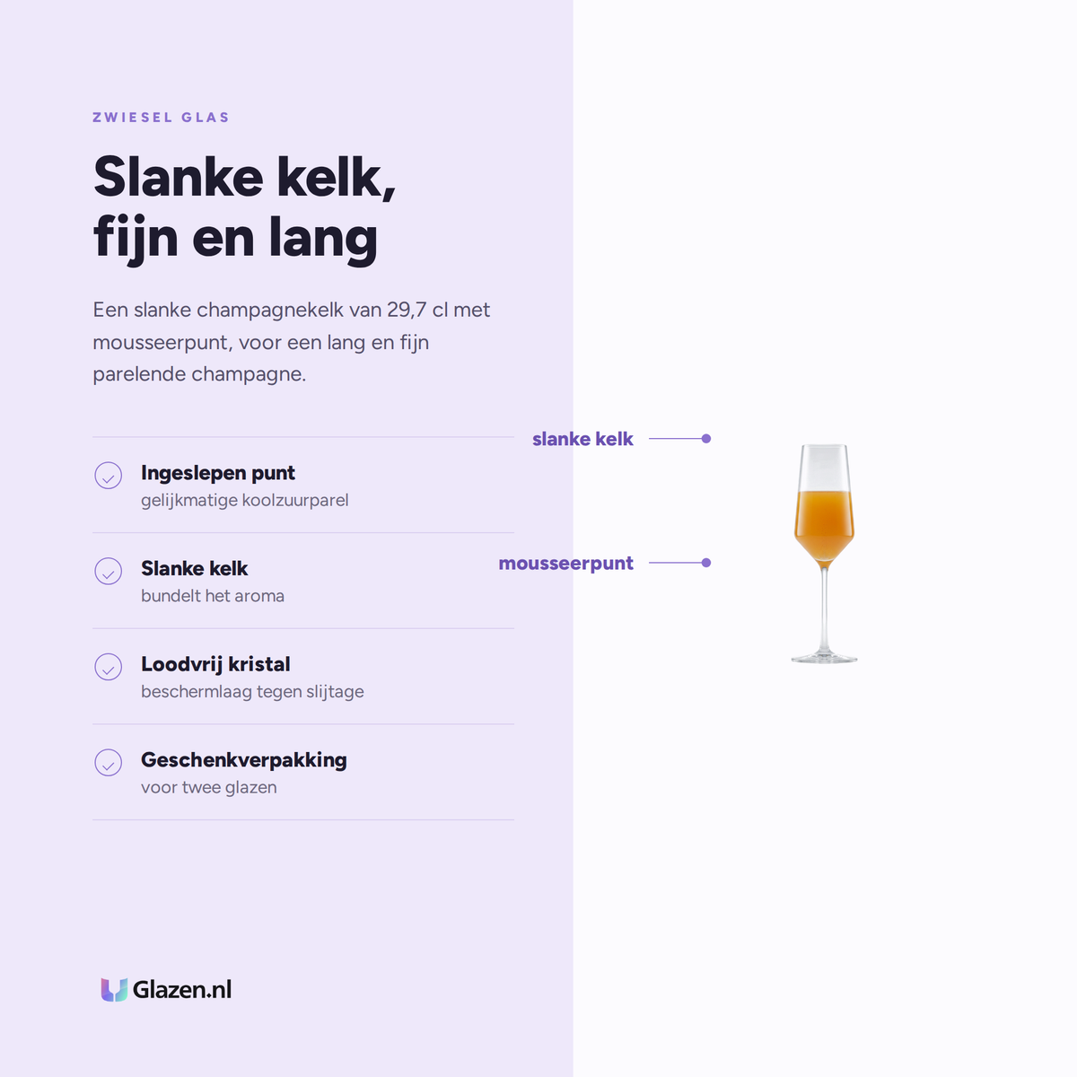 Eigenschappen van Zwiesel Glas Pure Champagneglas 29,7 Cl met Mousseerpunt in Geschenkverpakking