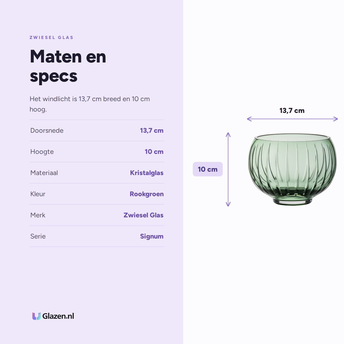 Maten en specificaties van de Zwiesel Glas Signum Windlicht 137 mm Smokey Groen
