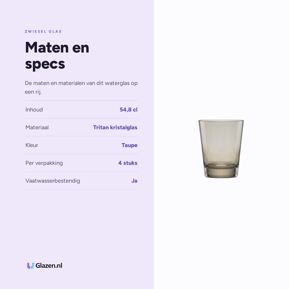 Maten en specificaties van de Zwiesel Glas Together Waterglas 54,8 Cl Taupe - 4 Stuks