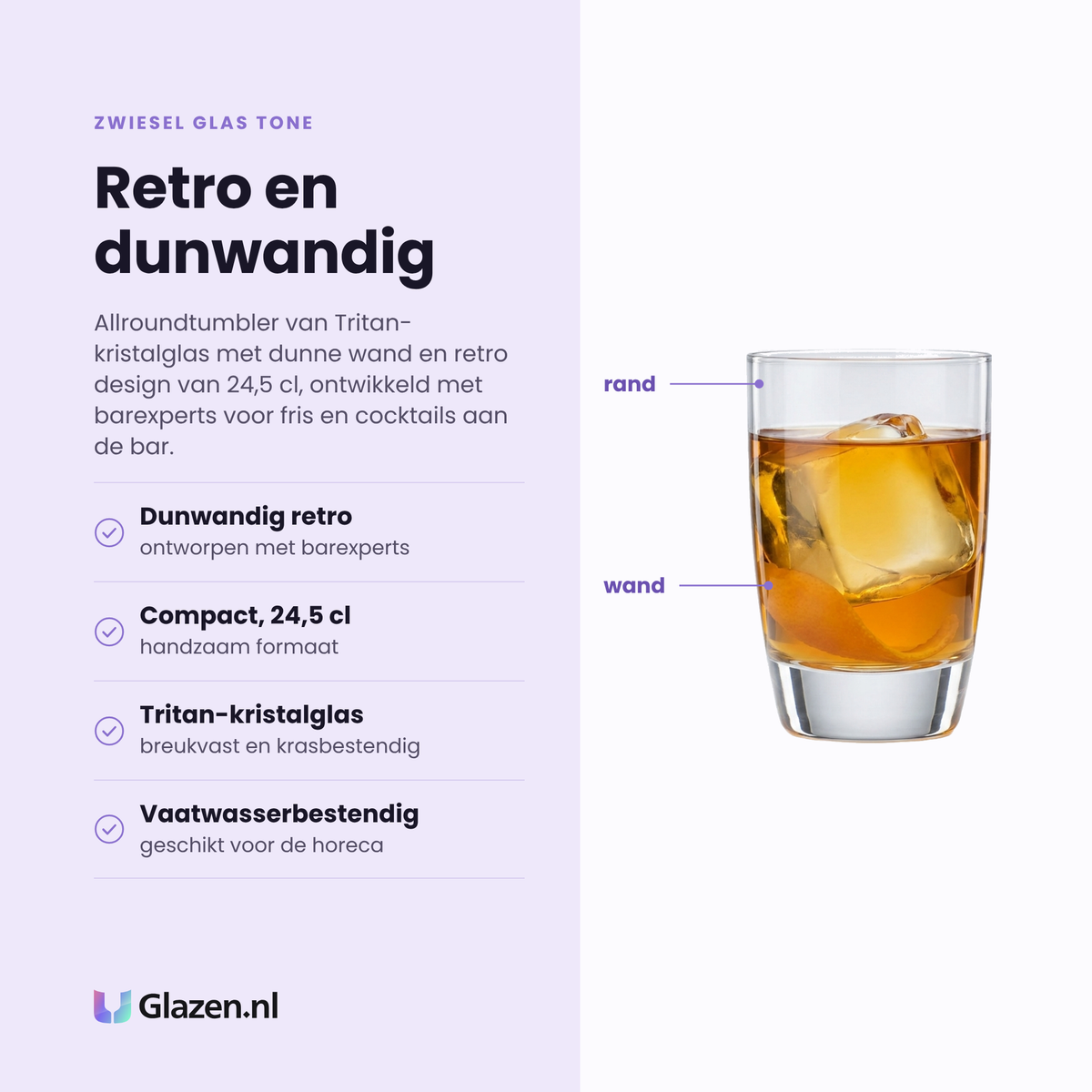 Zwiesel Glas Tone allroundtumbler 24,5 cl eigenschappen: dunwandig retro design, compact formaat 24,5 cl, breukvast en krasbestendig tritan kristalglas, vaatwasserbestendig