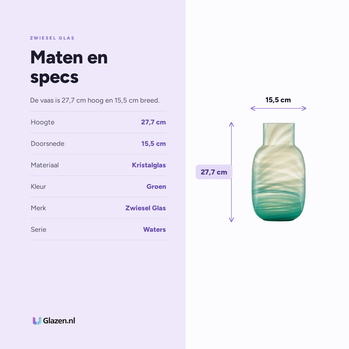 Maten en specificaties van de Zwiesel Glas Waters Vaas Groot 277 mm Groen