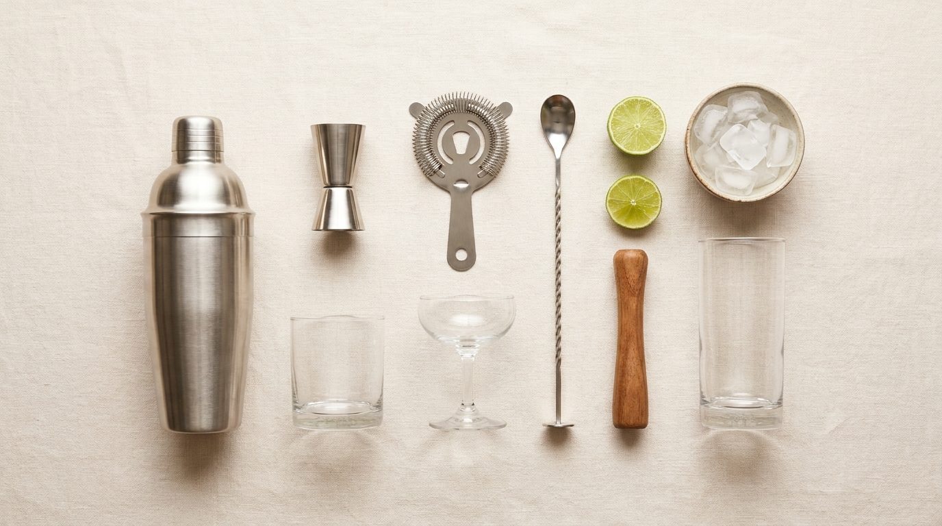 Flatlay met shaker, jigger, strainer, barlepel, stamper en drie cocktailglazen