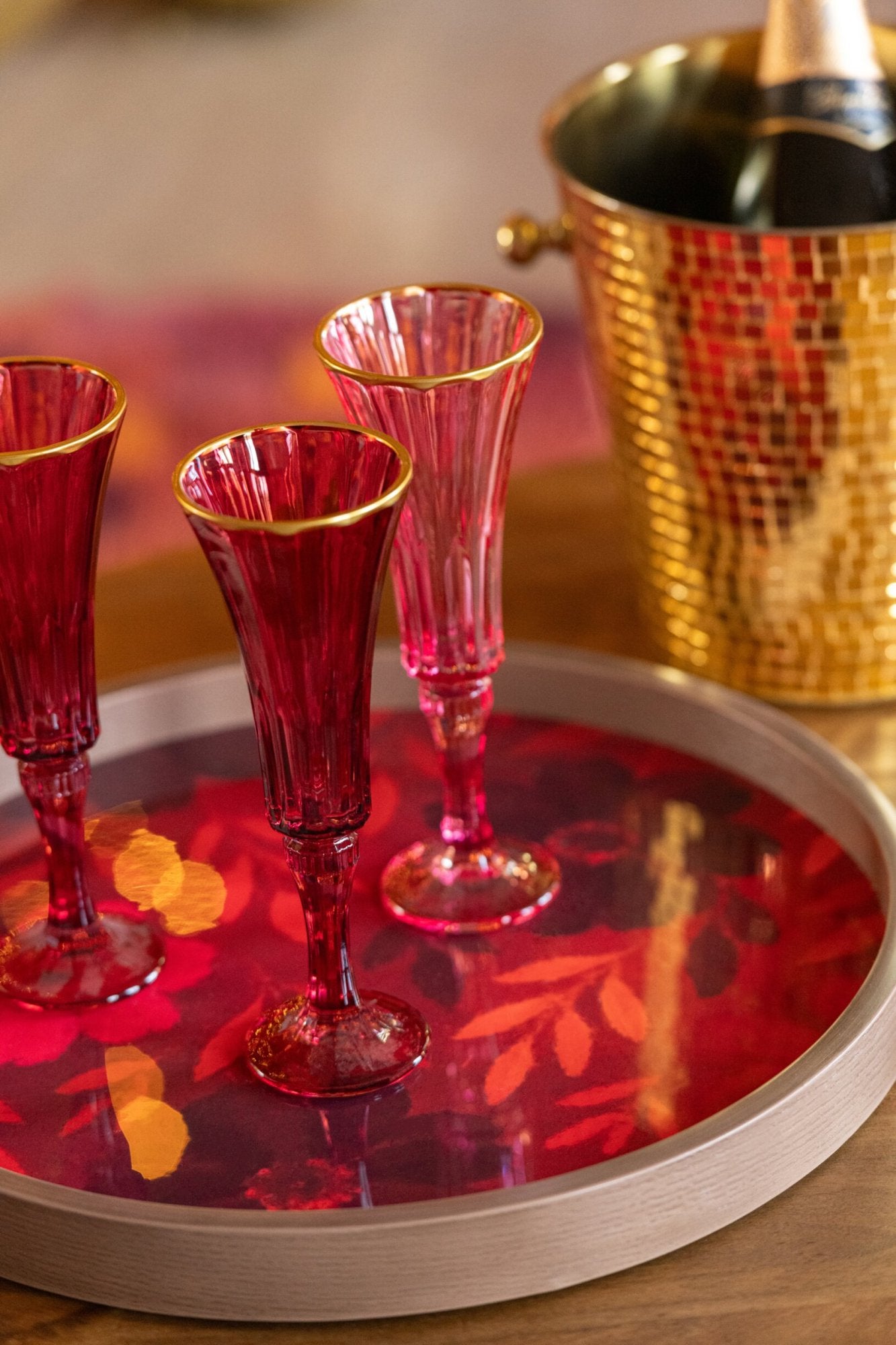 J-Line Small Champagne Glass with Embossed Gold Rim Bordeaux/Light Pink Assorted - 2 Pieces