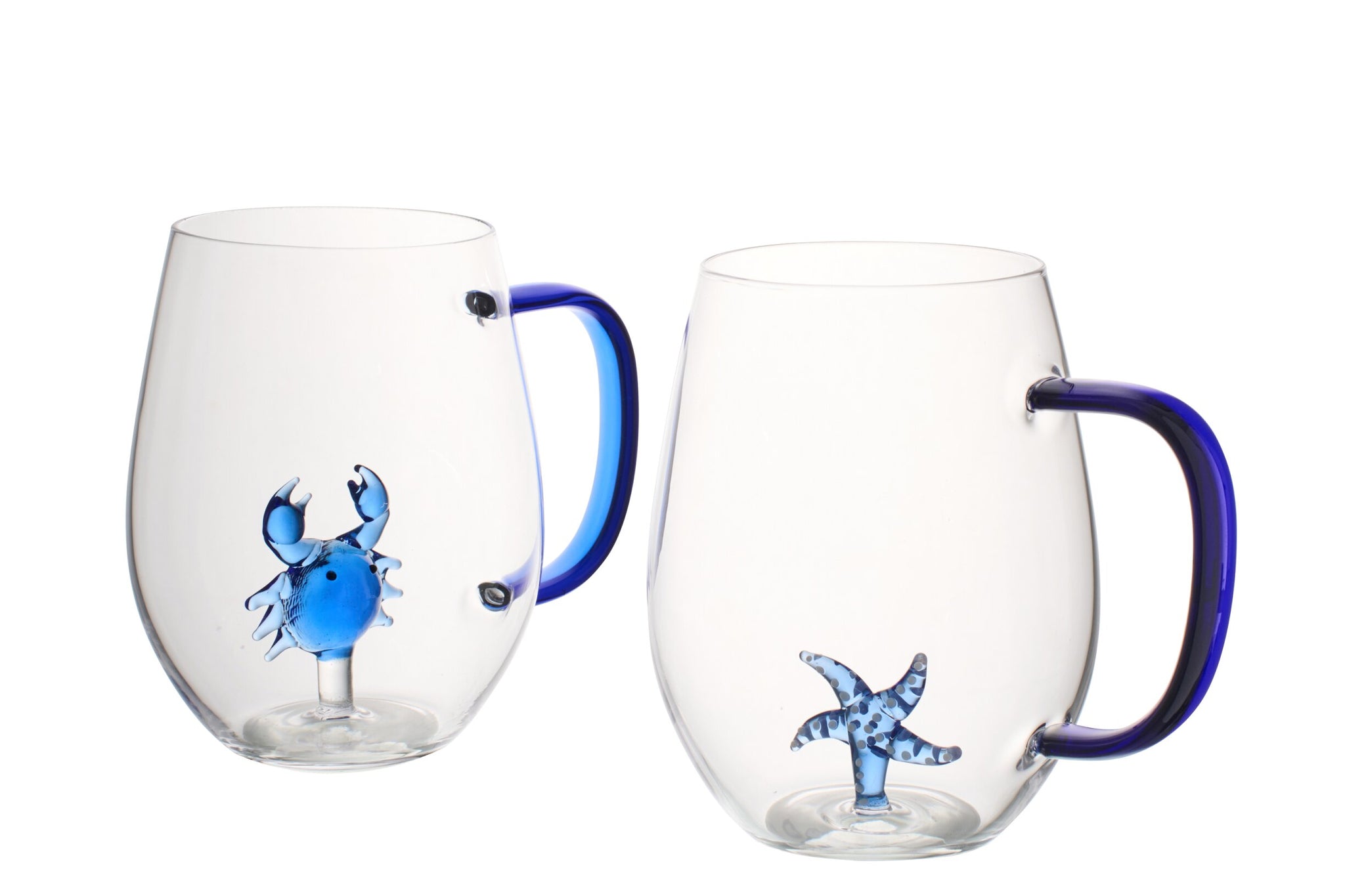 J-Line Wasserglas Seestern/Krabbe mit Henkel Blau/Transparent Sortiert – 2 Stück