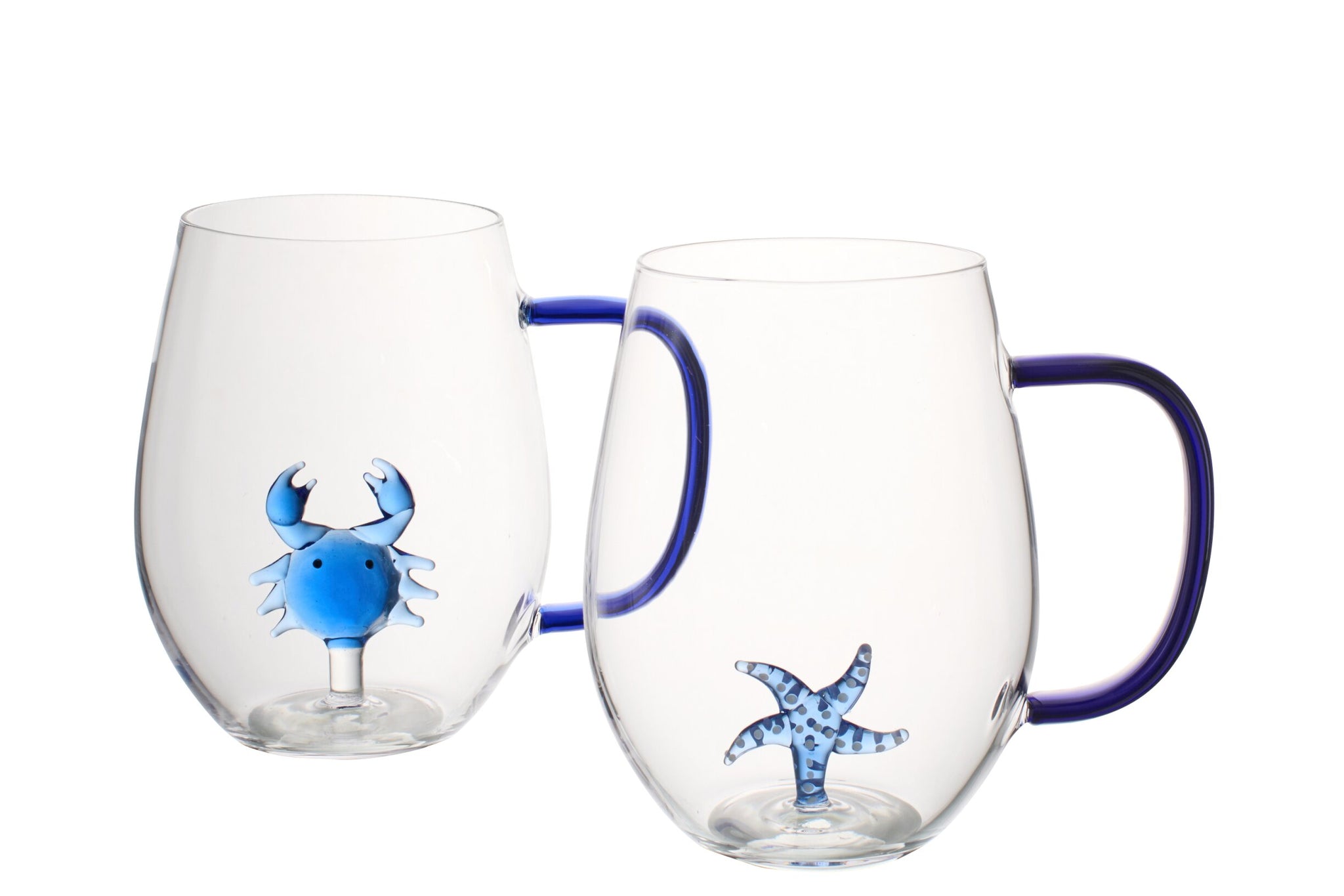 J-Line Wasserglas Seestern/Krabbe mit Henkel Blau/Transparent Sortiert – 2 Stück
