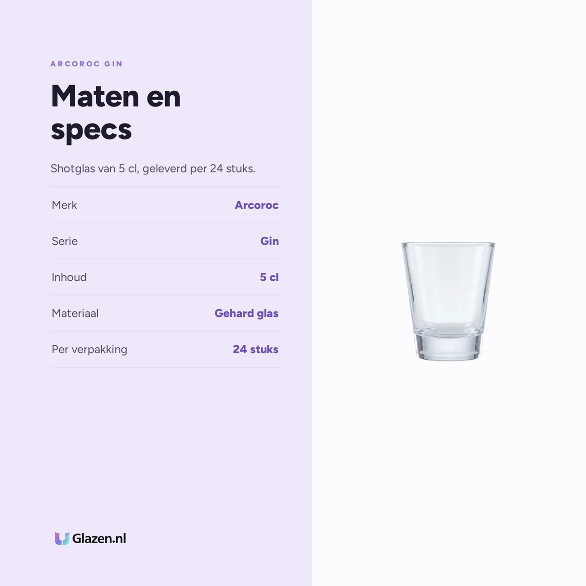 Arcoroc Gin Shotglas 5 Cl - 24 Stuks, maten en specs