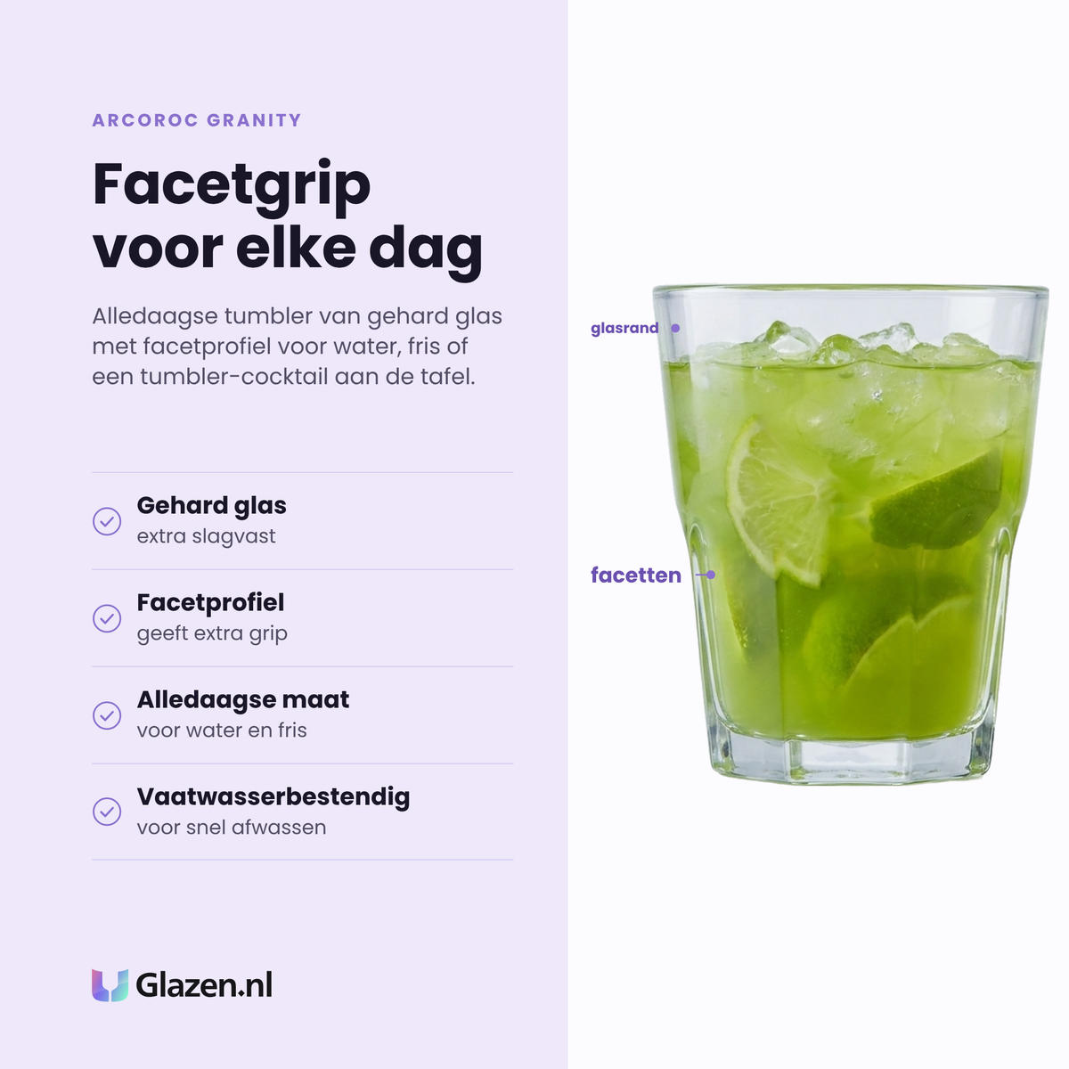 Arcoroc Granity tumbler 30 cl eigenschappen: gehard glas, facetprofiel met extra grip, alledaagse maat, vaatwasserbestendig