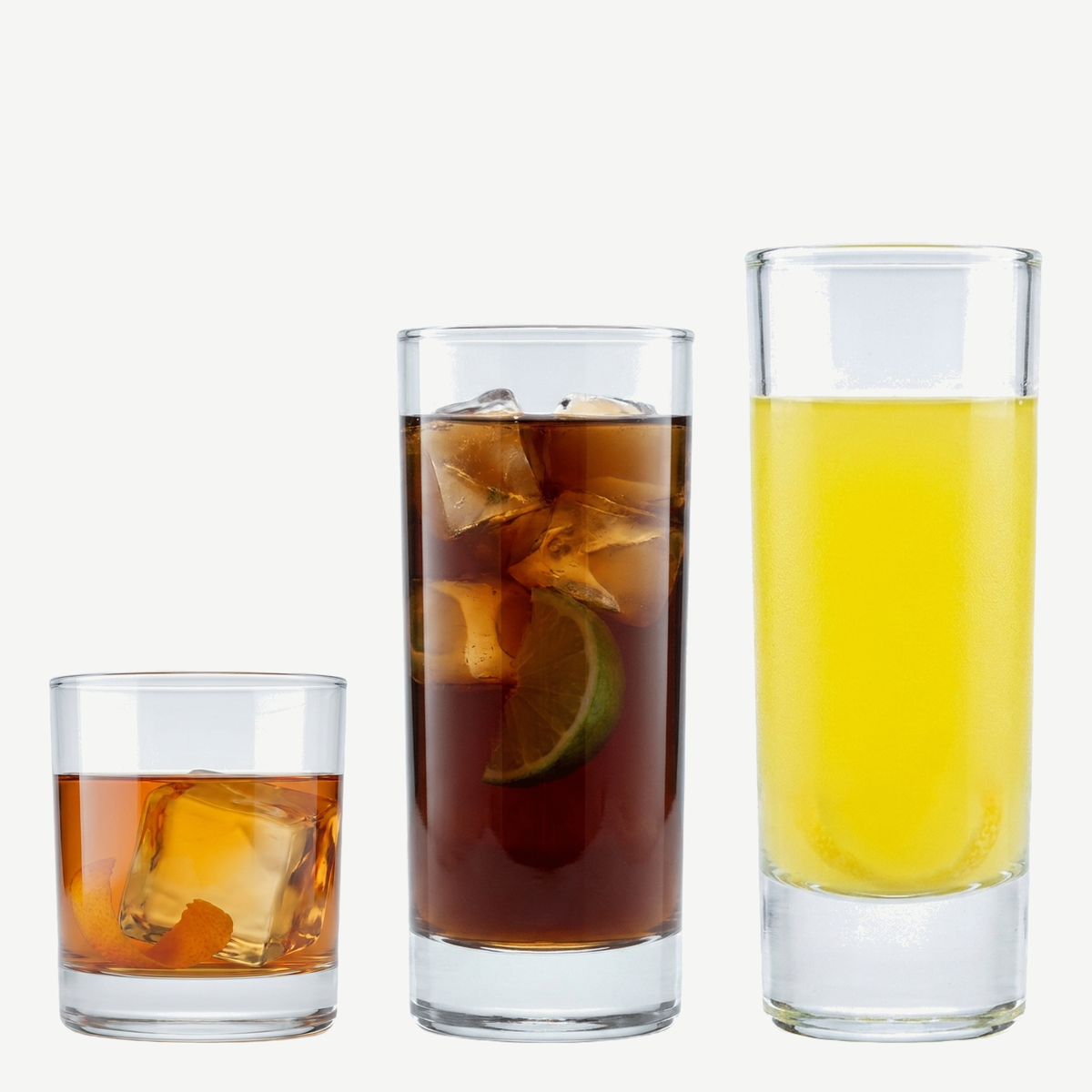 Arcoroc Islande horecaset met tumbler, longdrinkglas en shotglas gevuld