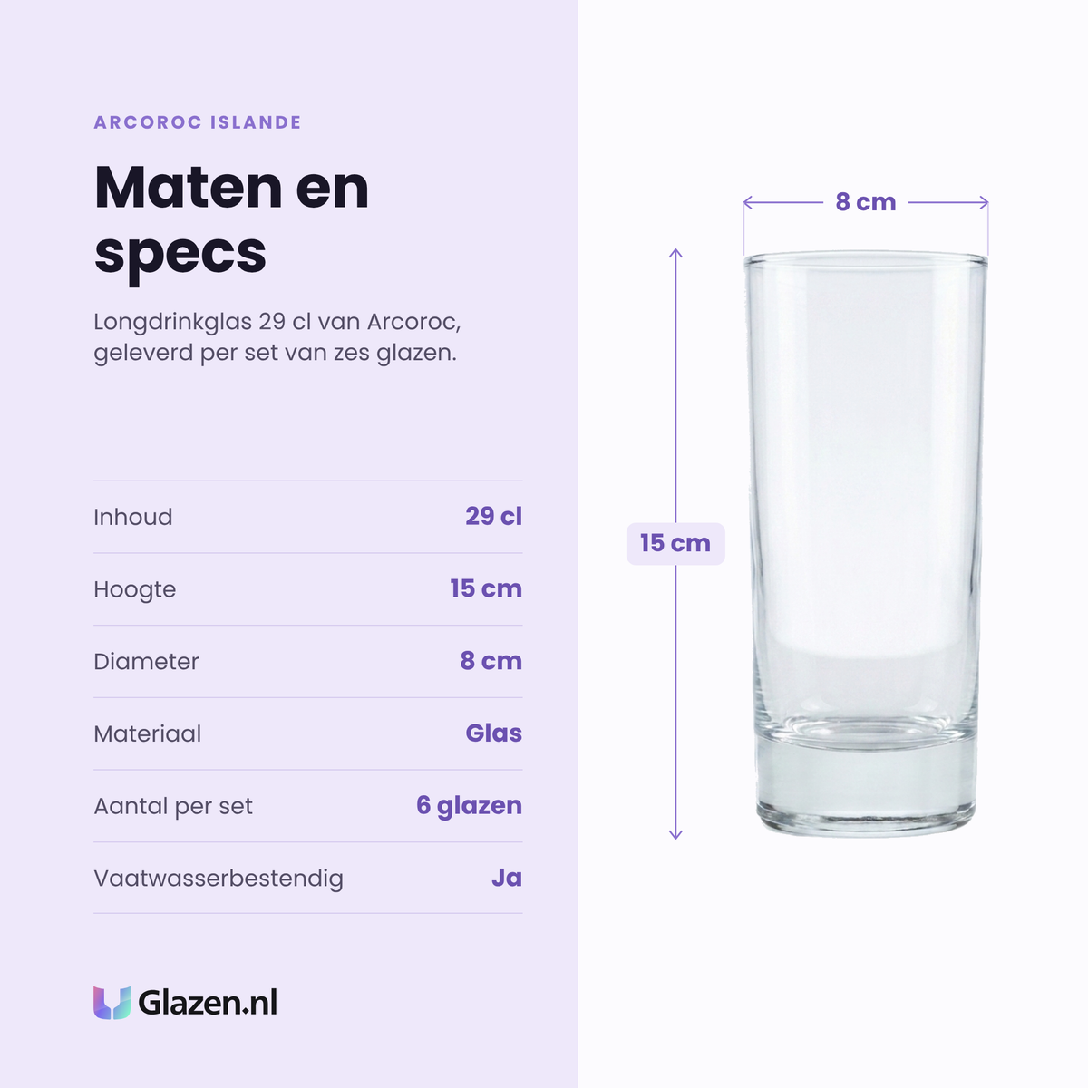 Arcoroc Islande longdrinkglas 29 cl specificaties: inhoud 29 cl, hoogte 15 cm, diameter 8 cm, glas, set van 6