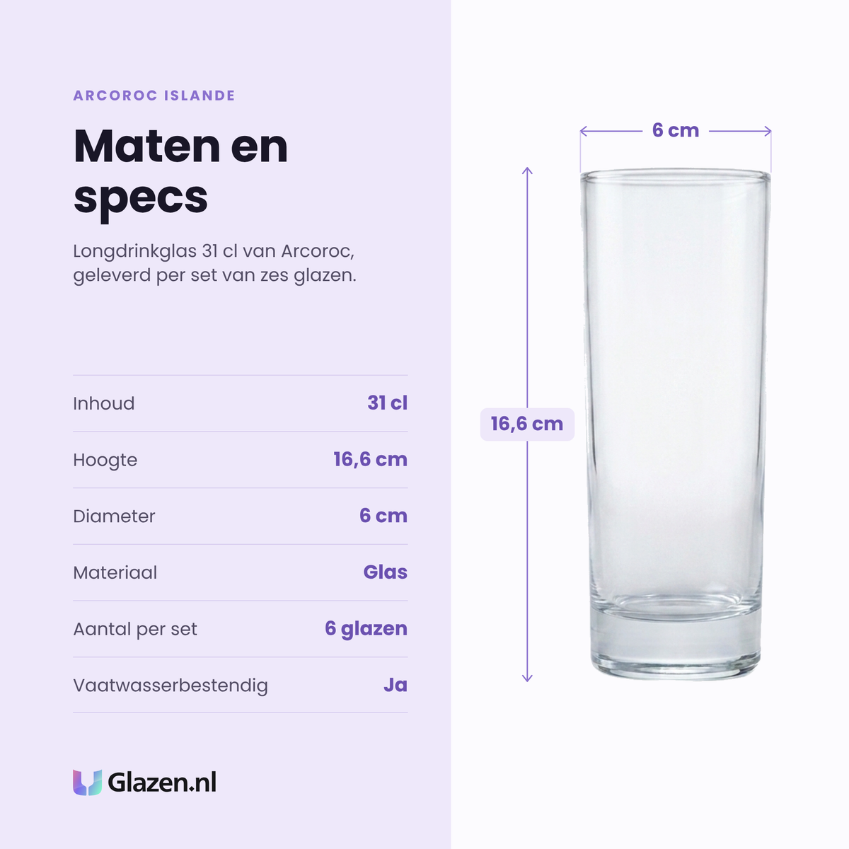 Arcoroc Islande longdrinkglas 31 cl specificaties: inhoud 31 cl, hoogte 16,6 cm, diameter 6 cm, glas, set van 6