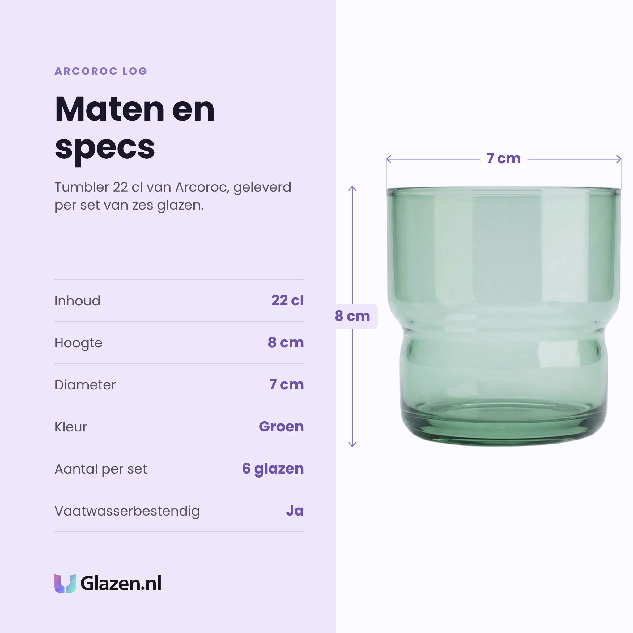 Arcoroc Log tumbler 22 cl specificaties: inhoud 22 cl, hoogte 8 cm, diameter 7 cm, groen glas, set van 6