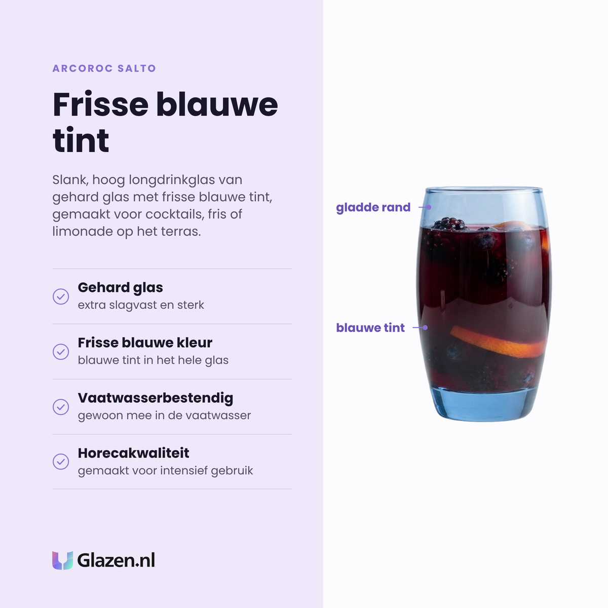 Arcoroc Salto longdrinkglas 35 cl blauw eigenschappen: gehard glas, frisse blauwe kleur, vaatwasserbestendig, horecakwaliteit