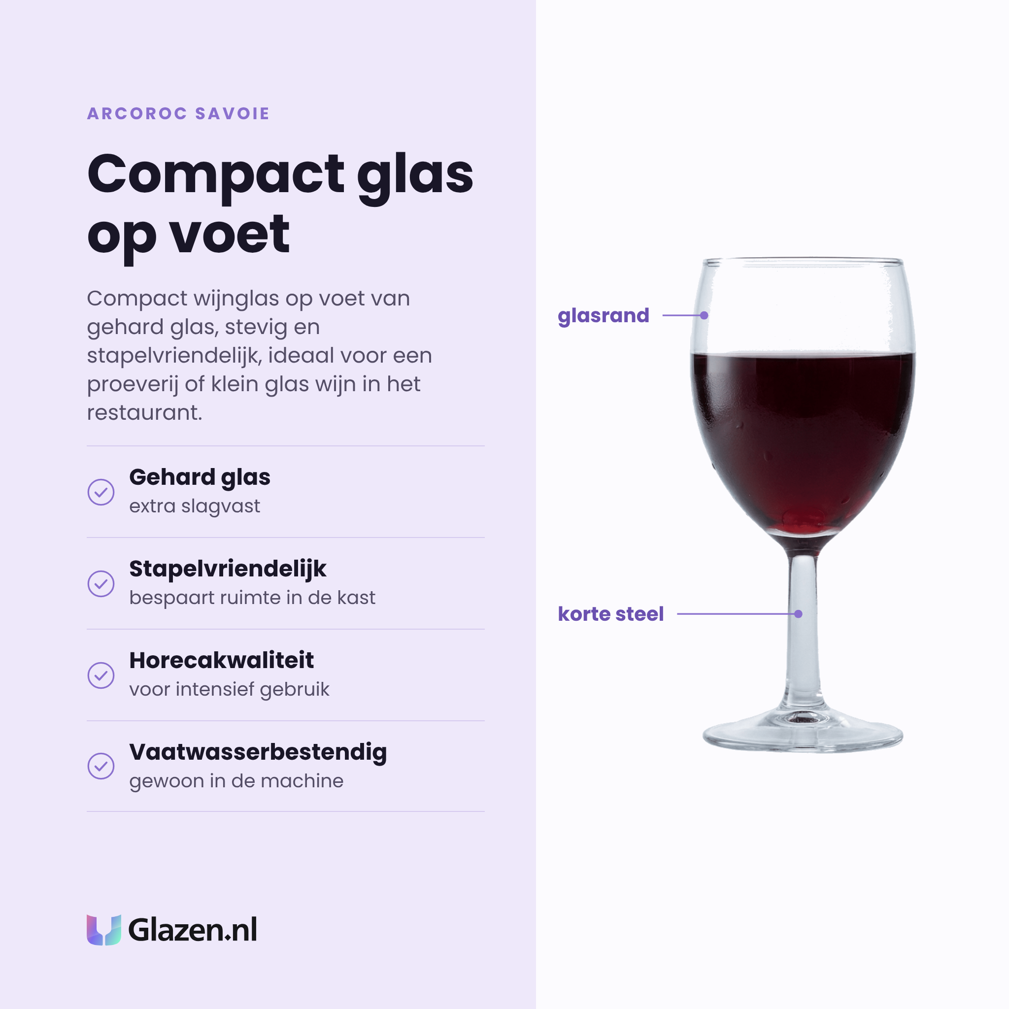 Arcoroc Savoie wijnglas 15 cl eigenschappen: gehard glas extra slagvast, stapelvriendelijk, horecakwaliteit, vaatwasserbestendig