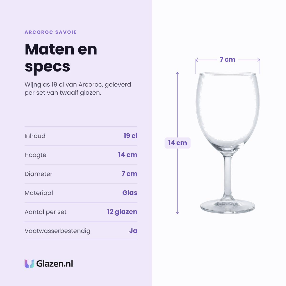 Arcoroc Savoie wijnglas 19 cl specificaties: inhoud 19 cl, hoogte 14 cm, diameter 7 cm, glas, set van 12