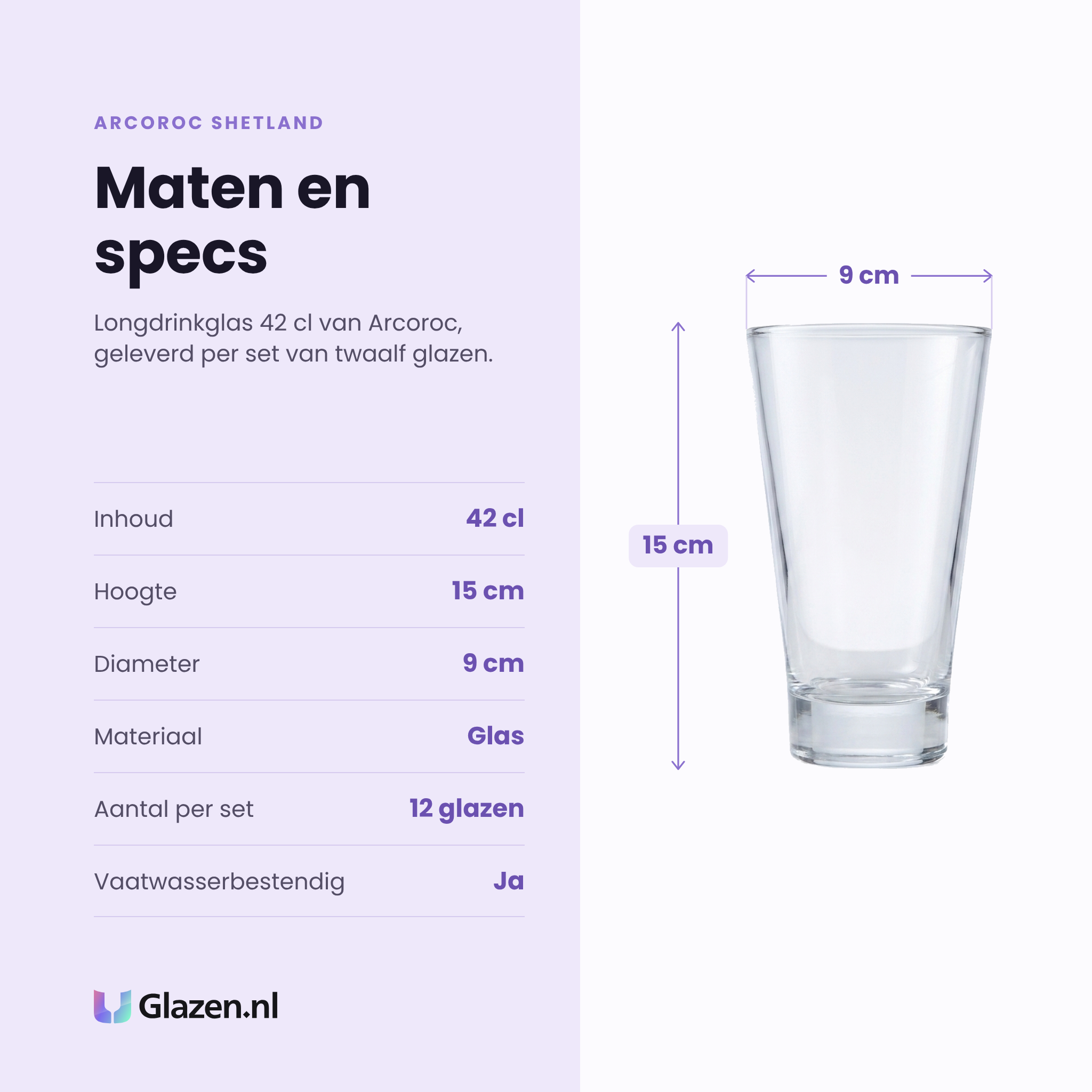 Arcoroc Shetland longdrinkglas 42 cl specificaties: inhoud 42 cl, hoogte 15 cm, diameter 9 cm, glas, set van 12
