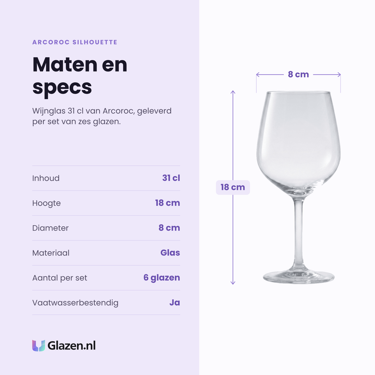 Arcoroc Silhouette wijnglas 31 cl specificaties: inhoud 31 cl, hoogte 18 cm, diameter 8 cm, glas, set van 6