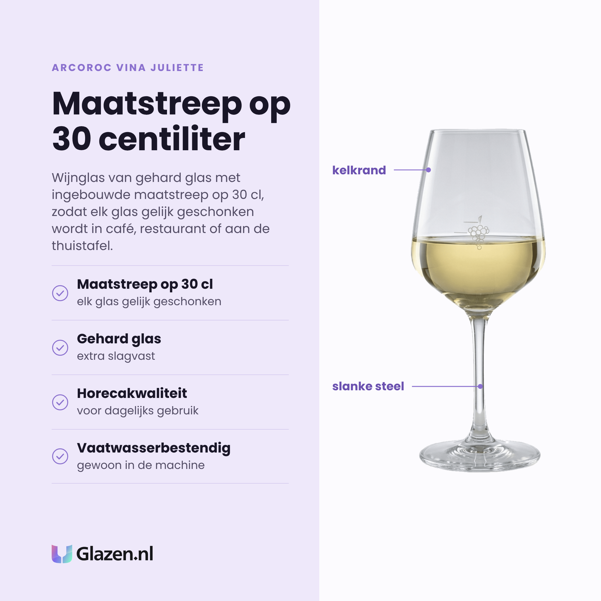 Arcoroc Vina Juliette wijnglas 30 cl eigenschappen: maatstreep op 30 cl, gehard glas extra slagvast, horecakwaliteit, vaatwasserbestendig