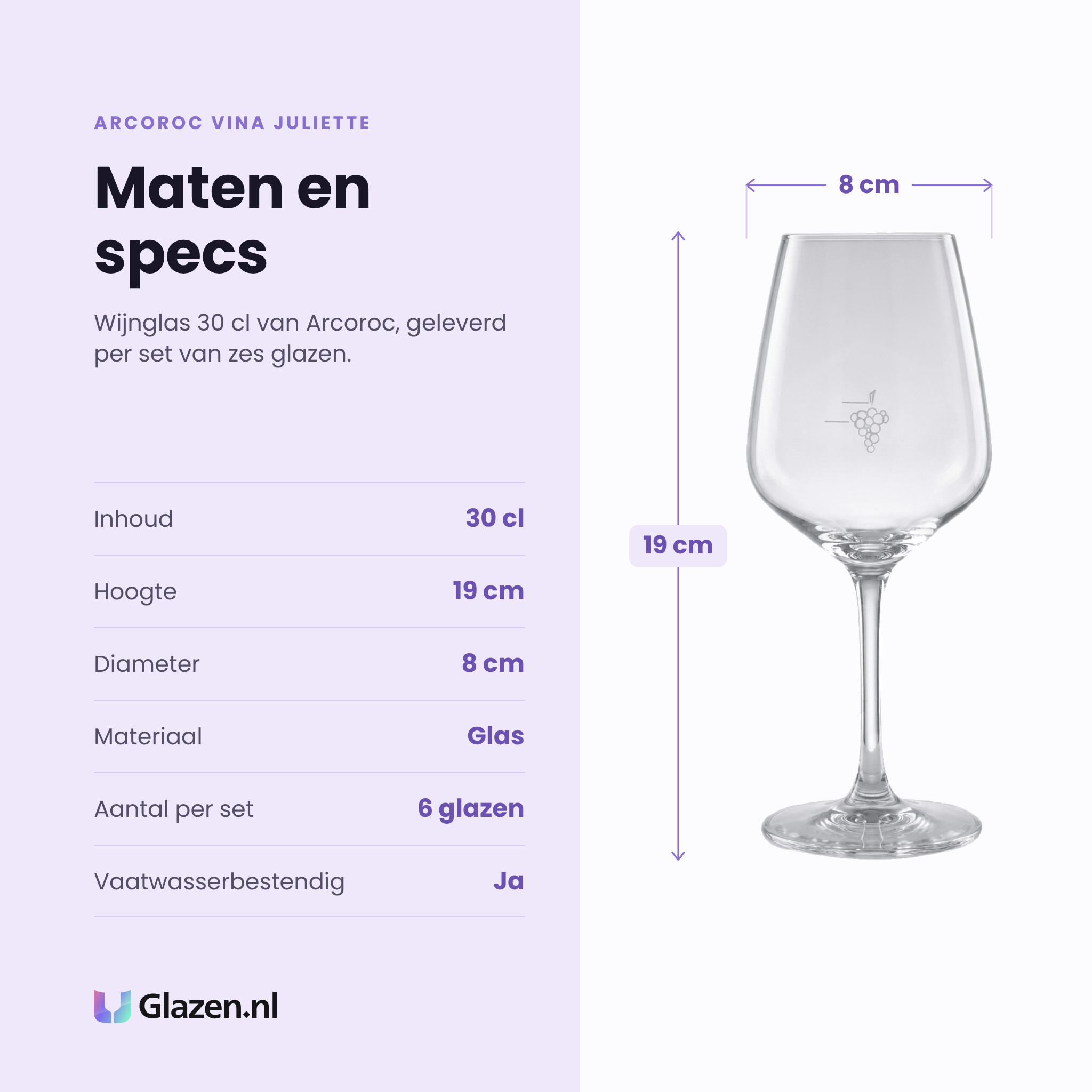 Arcoroc Vina Juliette wijnglas 30 cl specificaties: inhoud 30 cl, hoogte 19 cm, diameter 8 cm, glas, set van 6