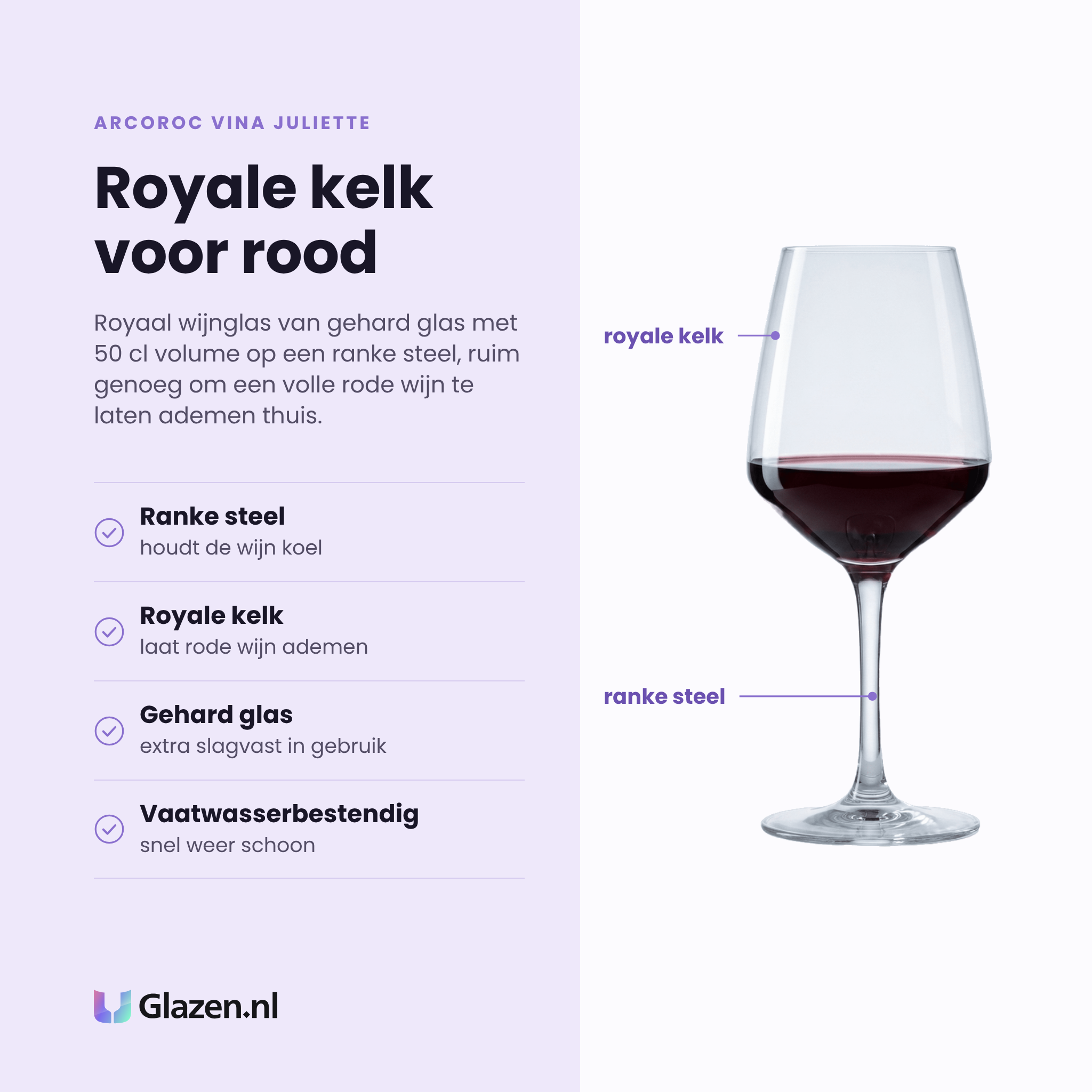 Arcoroc Vina Juliette wijnglas 50 cl eigenschappen: ranke steel, royale kelk, gehard glas, vaatwasserbestendig