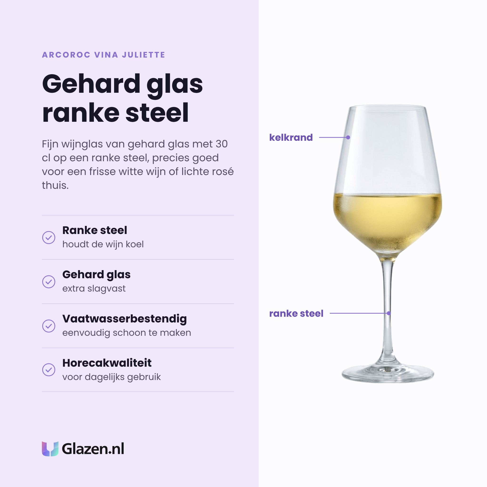 Arcoroc Vina Juliette wijnglas 30 cl eigenschappen: ranke steel houdt de wijn koel, gehard glas, vaatwasserbestendig, horecakwaliteit