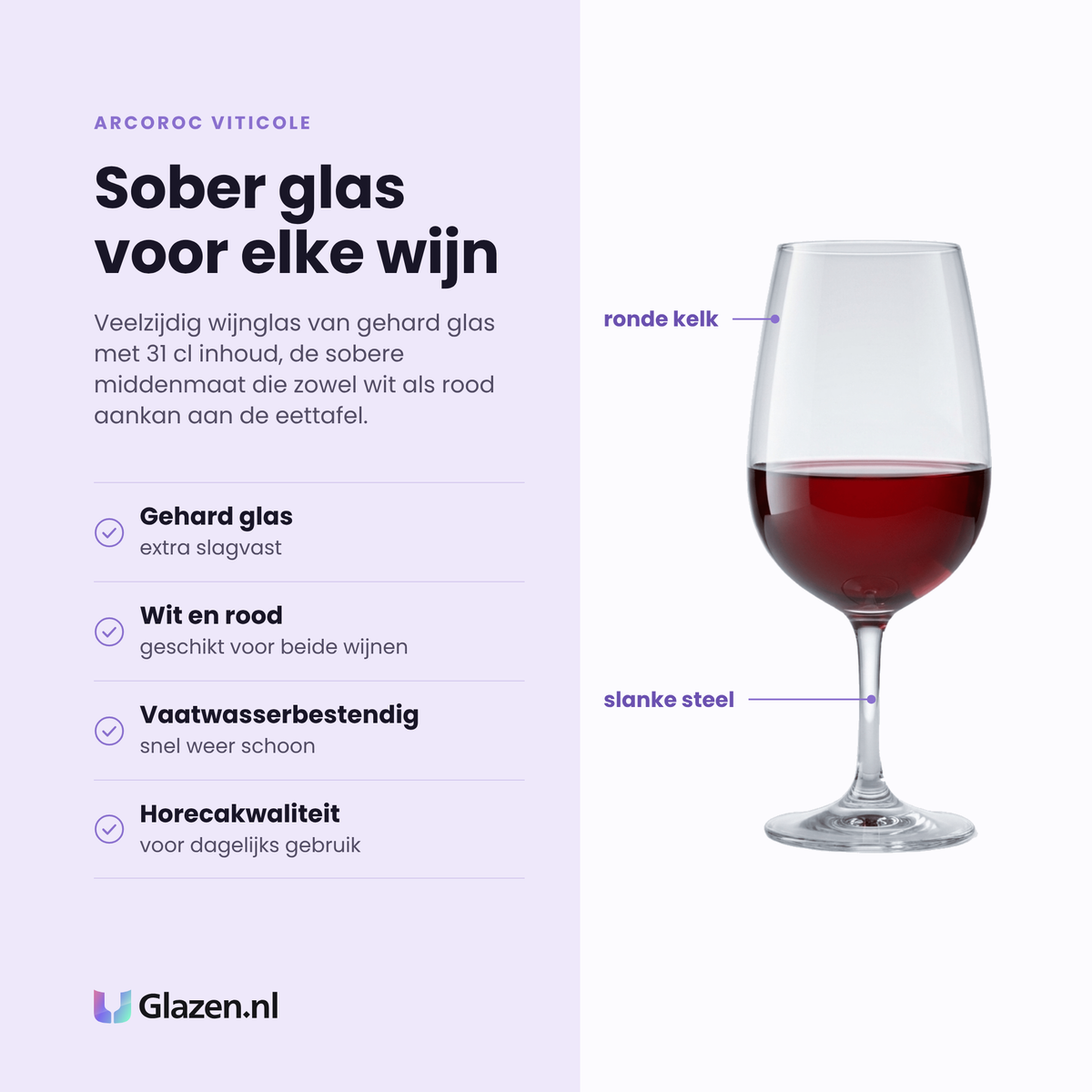 Arcoroc Viticole wijnglas 31 cl eigenschappen: gehard glas, geschikt voor wit en rood, vaatwasserbestendig, horecakwaliteit
