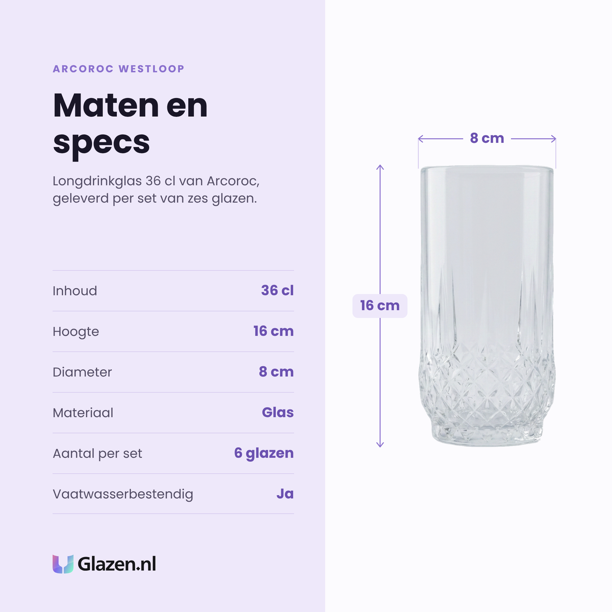 Arcoroc Westloop longdrinkglas 36 cl specificaties: inhoud 36 cl, hoogte 16 cm, diameter 8 cm, glas, set van 6