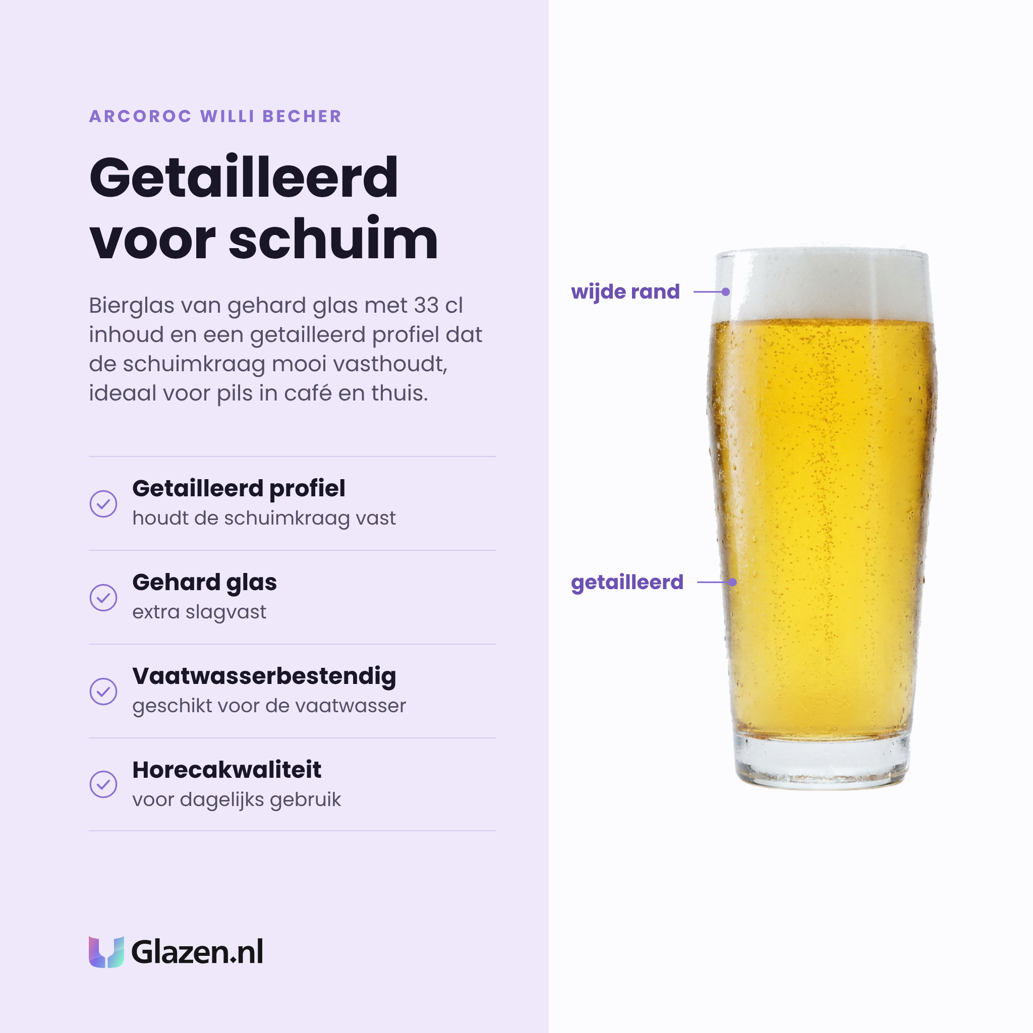 Arcoroc Willi Becher bierglas 33 cl eigenschappen: getailleerd profiel houdt schuimkraag, gehard glas, vaatwasserbestendig, horecakwaliteit