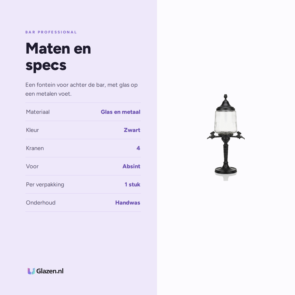 Maten en specs van Bar Professional Absintfontein 4 Kranen Zwart