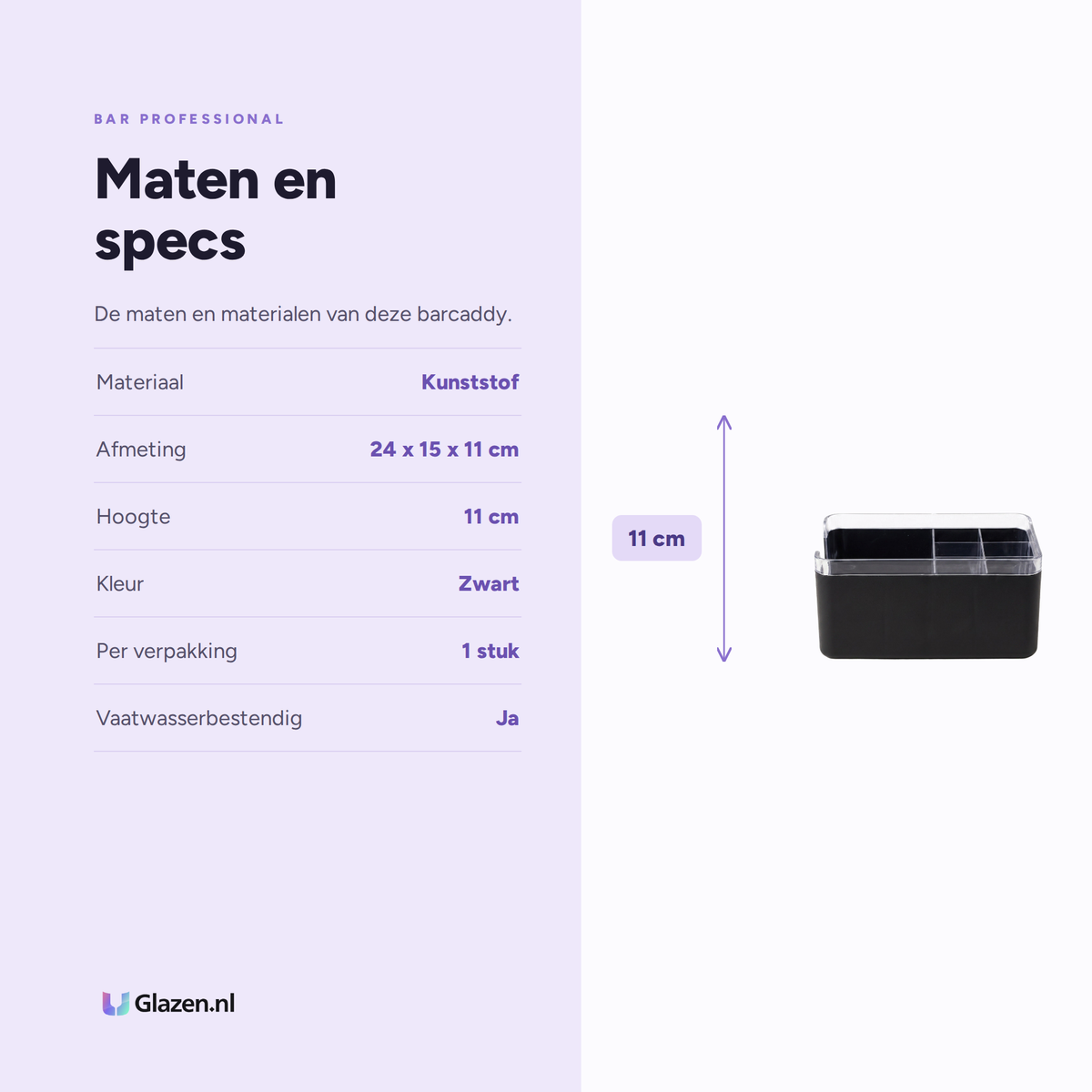 Infographic met de maten en specificaties van Bar Professional Barcaddy Premium Kunststof Zwart 24 Cm