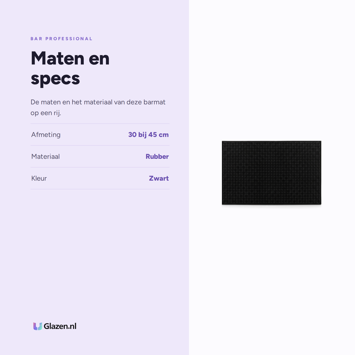 Maten en specificaties van Bar Professional Barmat Rubber Zwart 30x45 cm