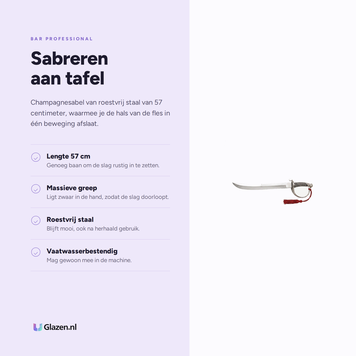 Infographic met de eigenschappen van Bar Professional Champagnesabel RVS 57 cm