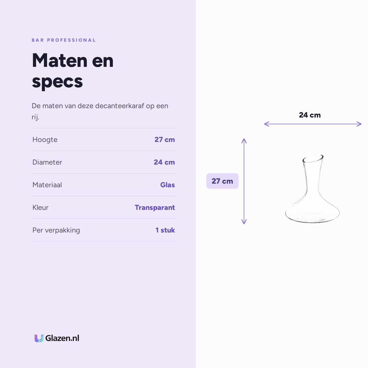 Maten en specs van de Bar Professional Decanteerkaraf Glas