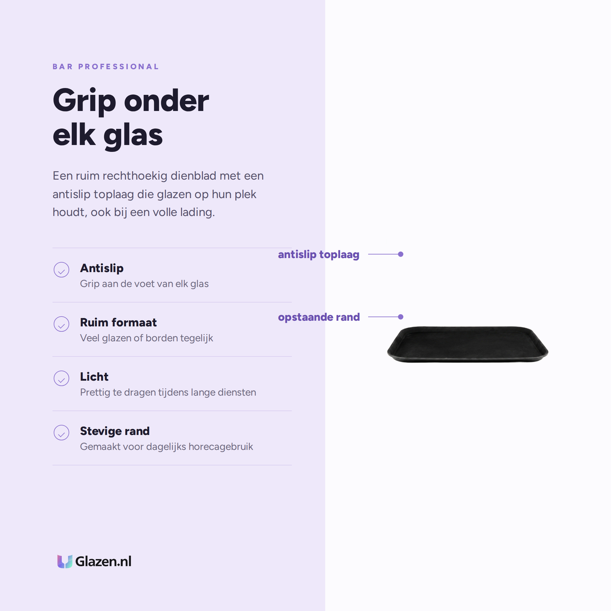 Eigenschappen van het Bar Professional antislip dienblad van 38 bij 50 cm