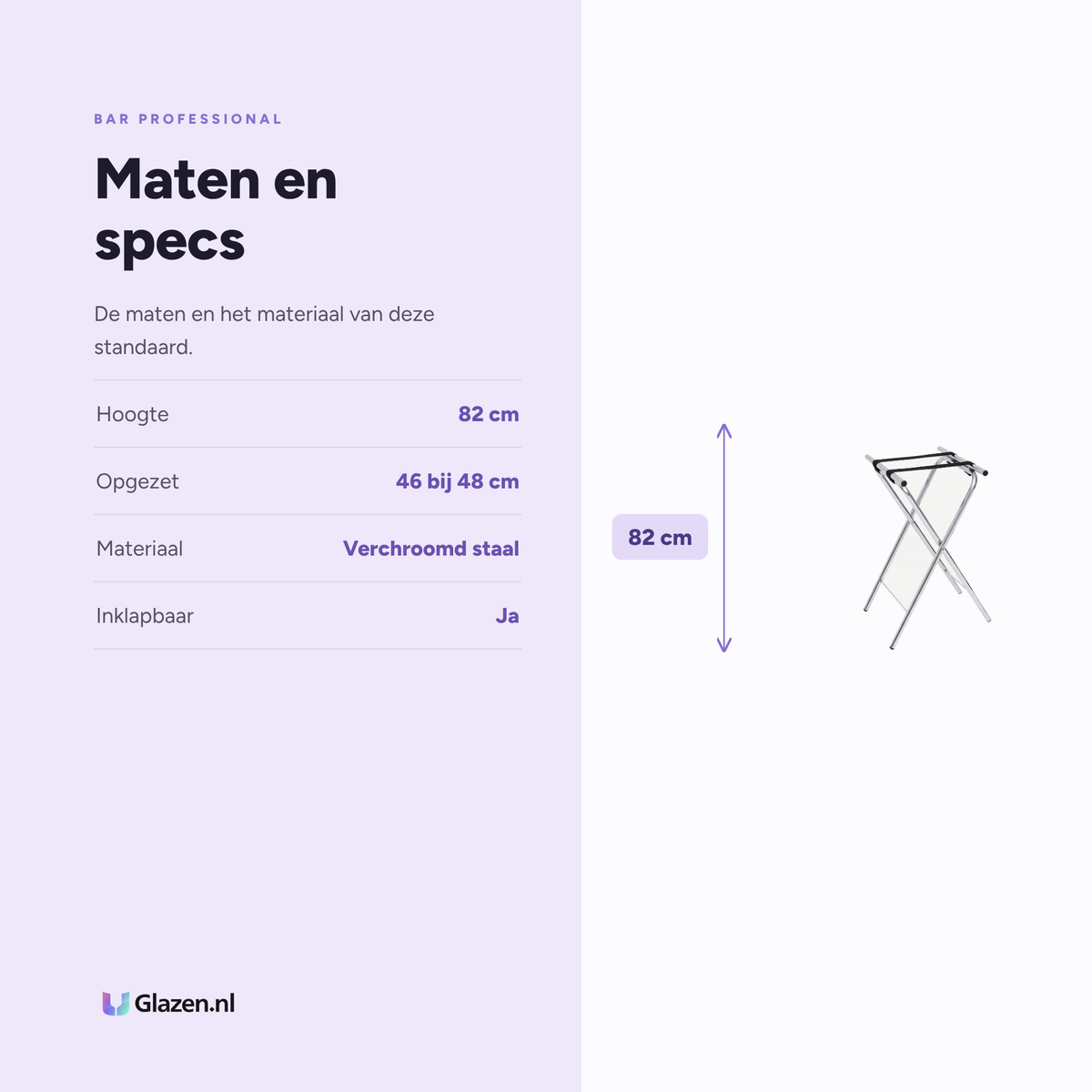 Maten en specificaties van de Bar Professional Dienbladstandaard Inklapbaar Chroom 82 cm