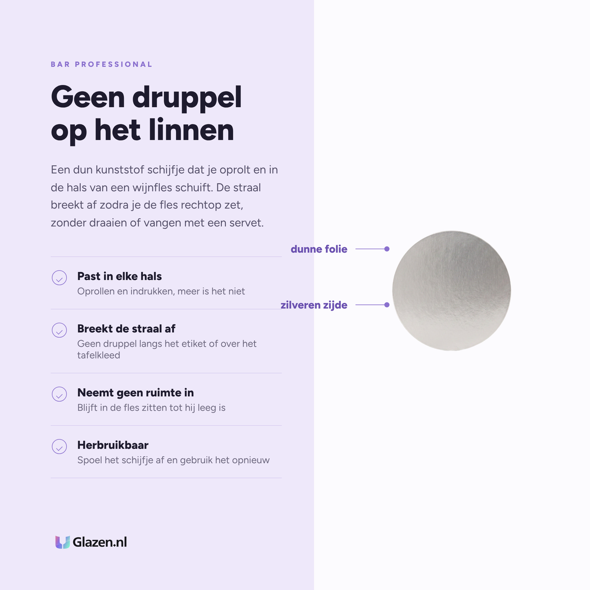 Eigenschappen van de Bar Professional Dropstop Schenkschijfje Zilver