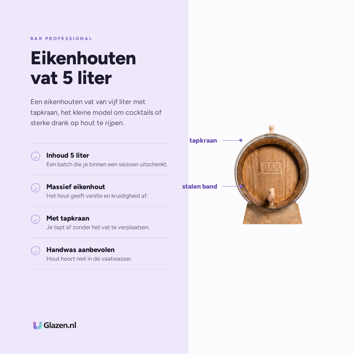 Eigenschappen van de Bar Professional Eikenhouten Vat 5 Liter
