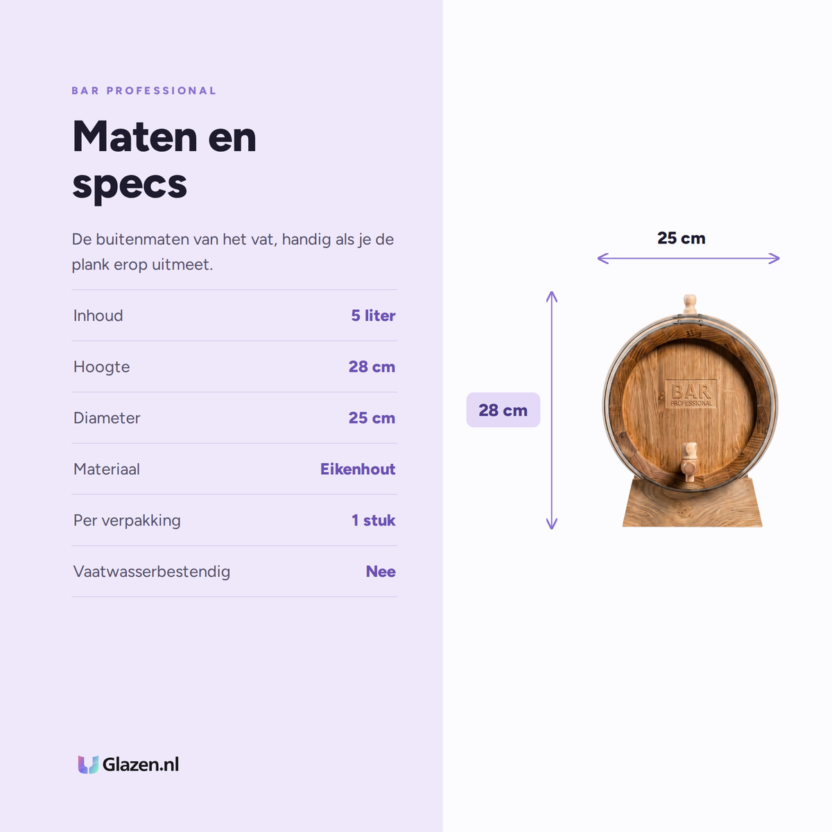 Maten en specs van de Bar Professional Eikenhouten Vat 5 Liter