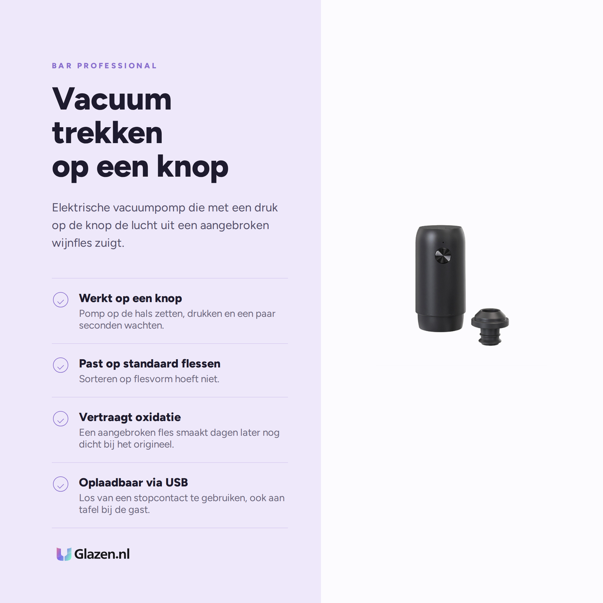 Infographic met de eigenschappen van Bar Professional Elektrische Wijnvacuümpomp