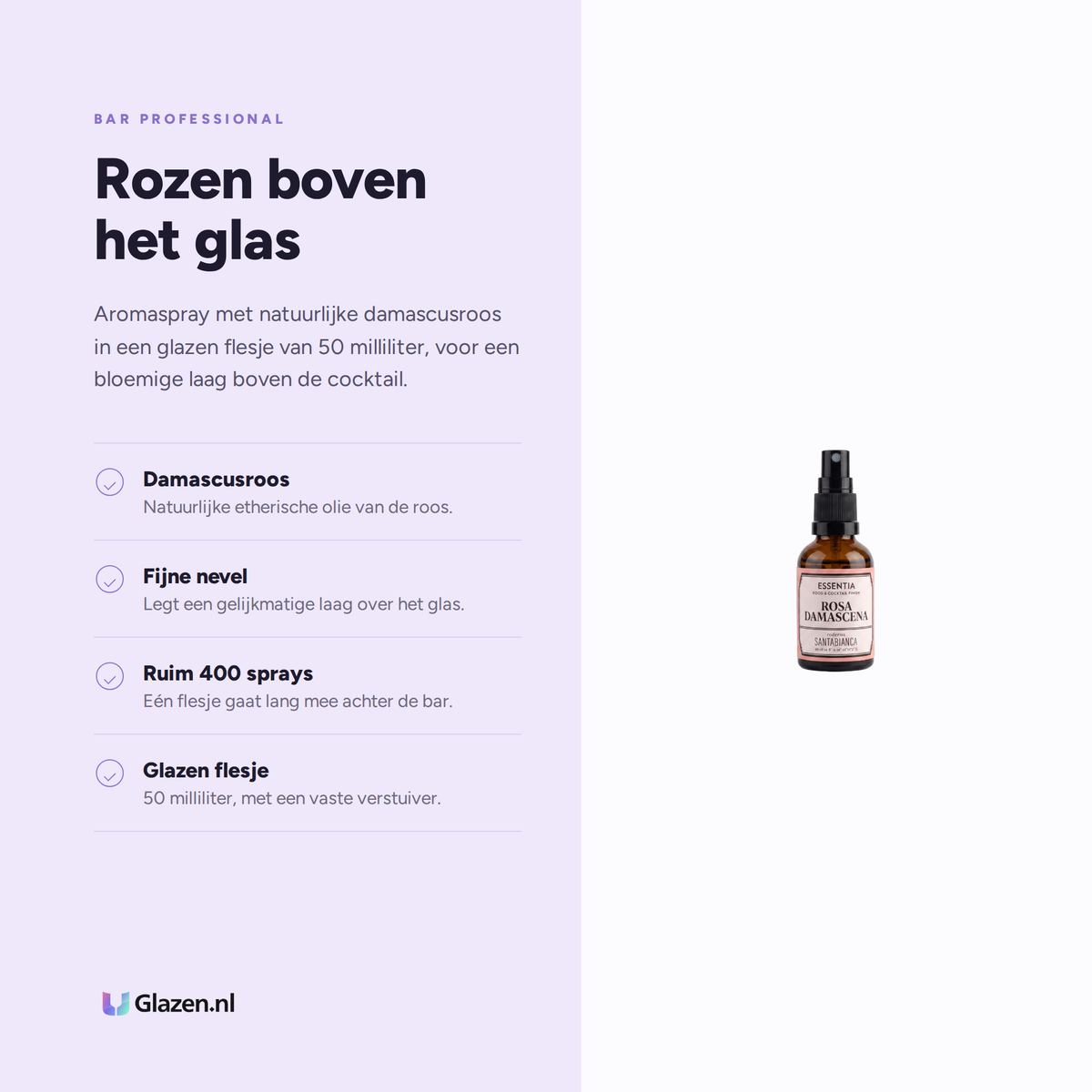 Infographic met de eigenschappen van Bar Professional Essentia Aroma Damascusroos 50 ml