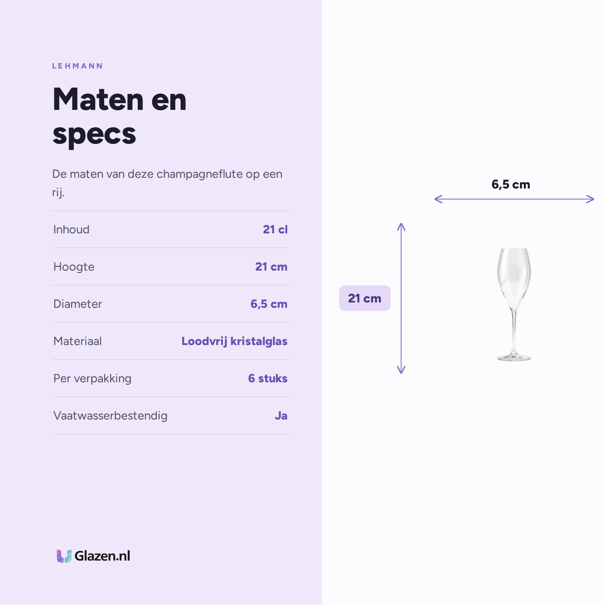 Maten en specs van de Lehmann Excellence Champagneglas / Flute 21 Cl - 6 Stuks