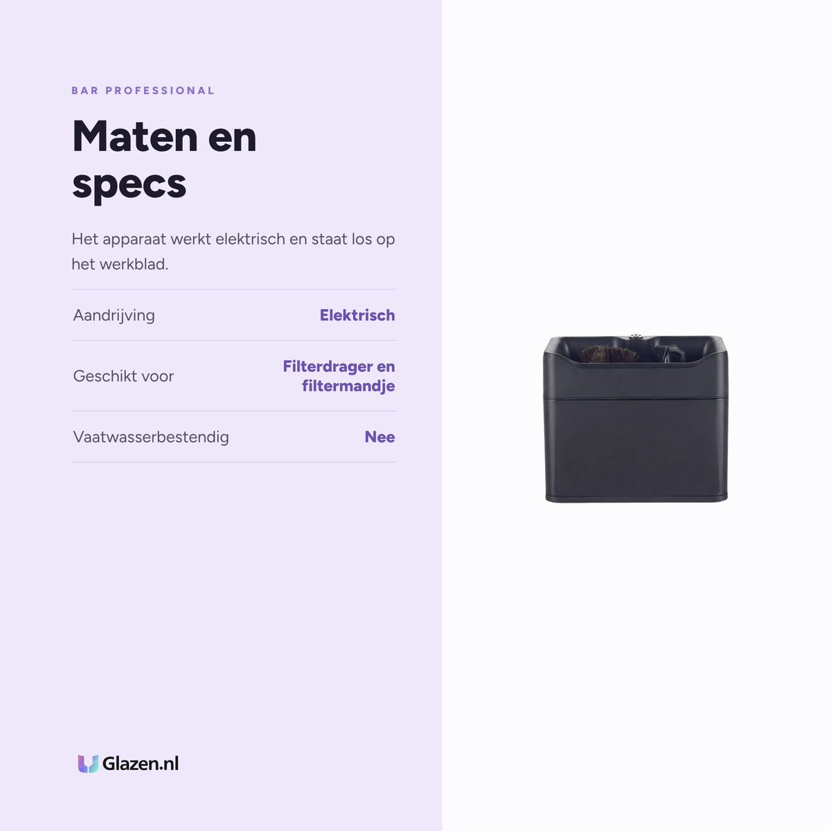 Maten en specificaties van Filterdragerreiniger Elektrisch van Bar Professional