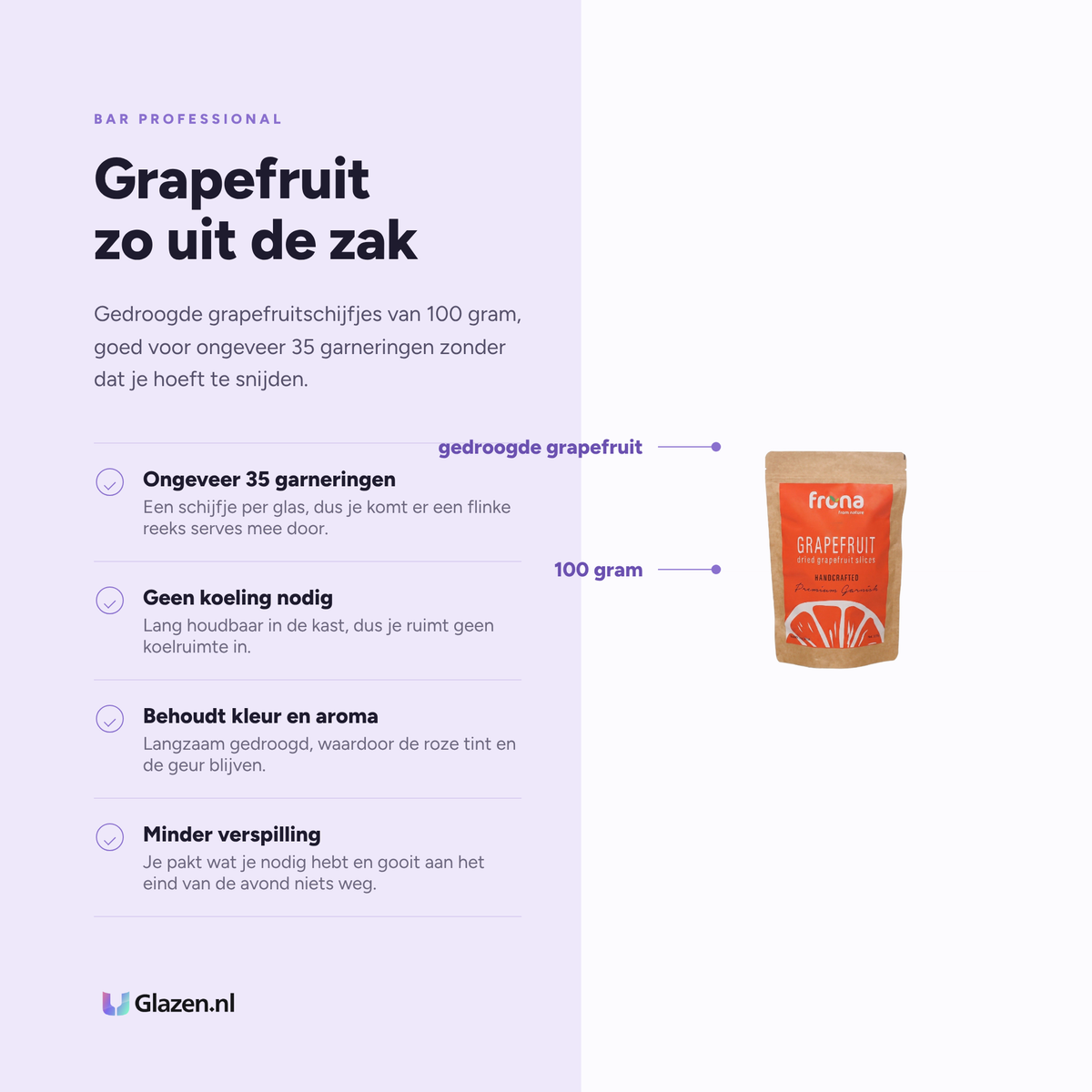 Infographic met de eigenschappen van de gedroogde grapefruitschijfjes van 100 gram