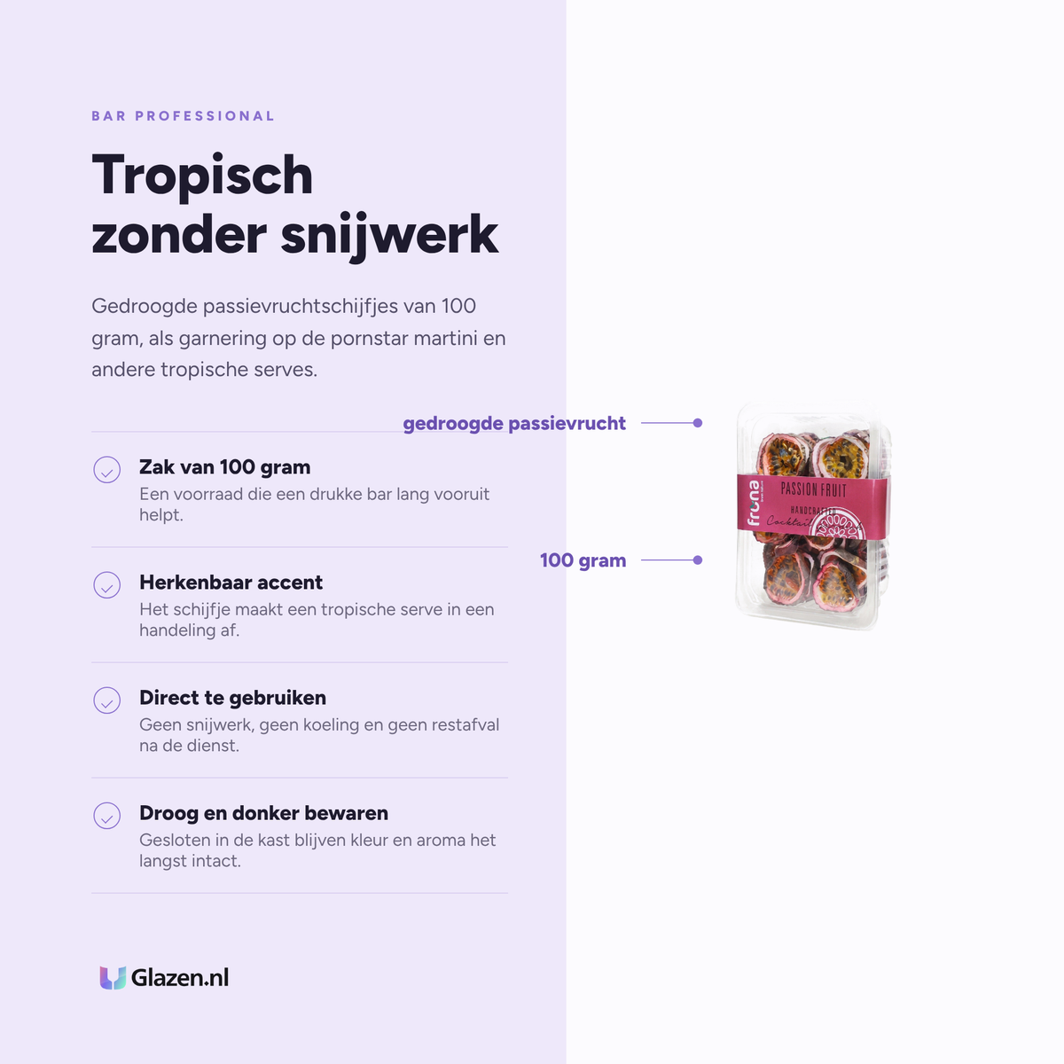 Infographic met de eigenschappen van de gedroogde passievruchtschijfjes van 100 gram