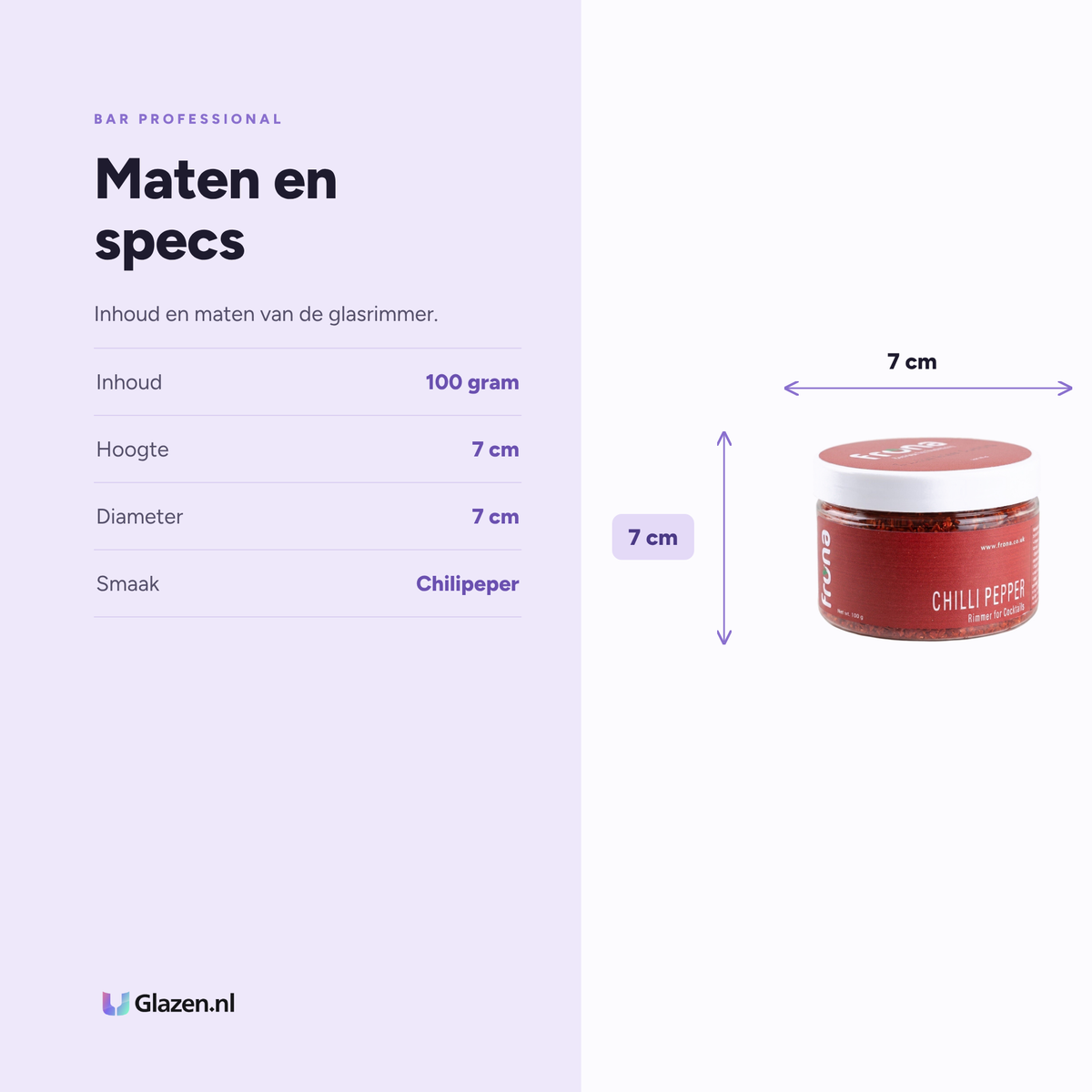 Maten en specificaties van Bar Professional Frona Glasrimmer Chilipeper 100 g