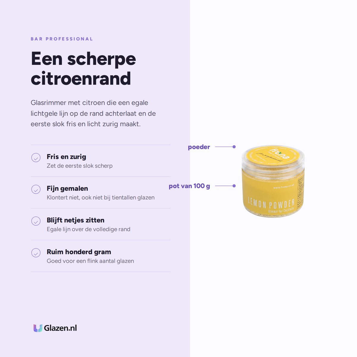 Eigenschappen van de Frona glasrimmer met citroen van 100 gram