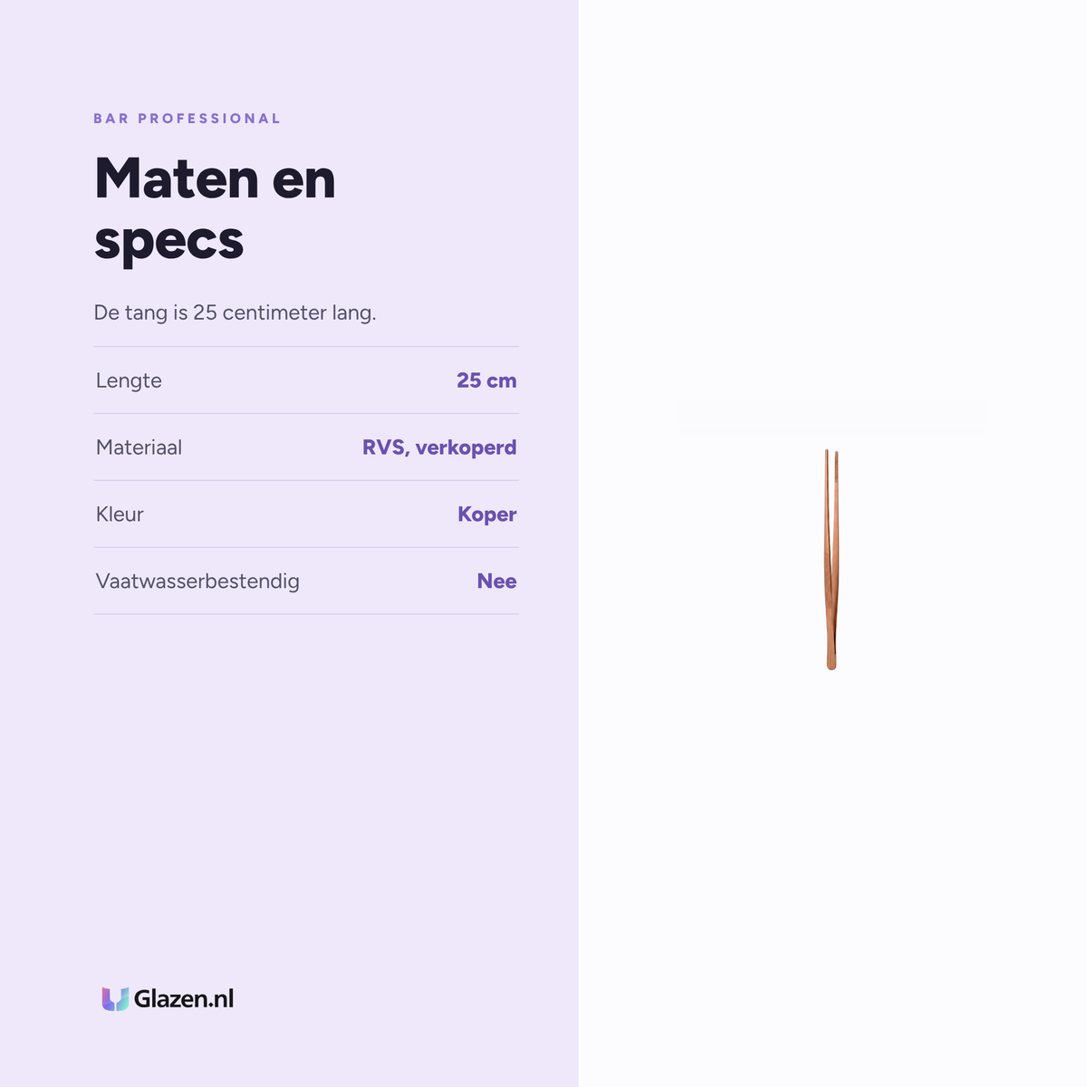 Maten en specificaties van Garneertang Koper 25 Cm van Bar Professional