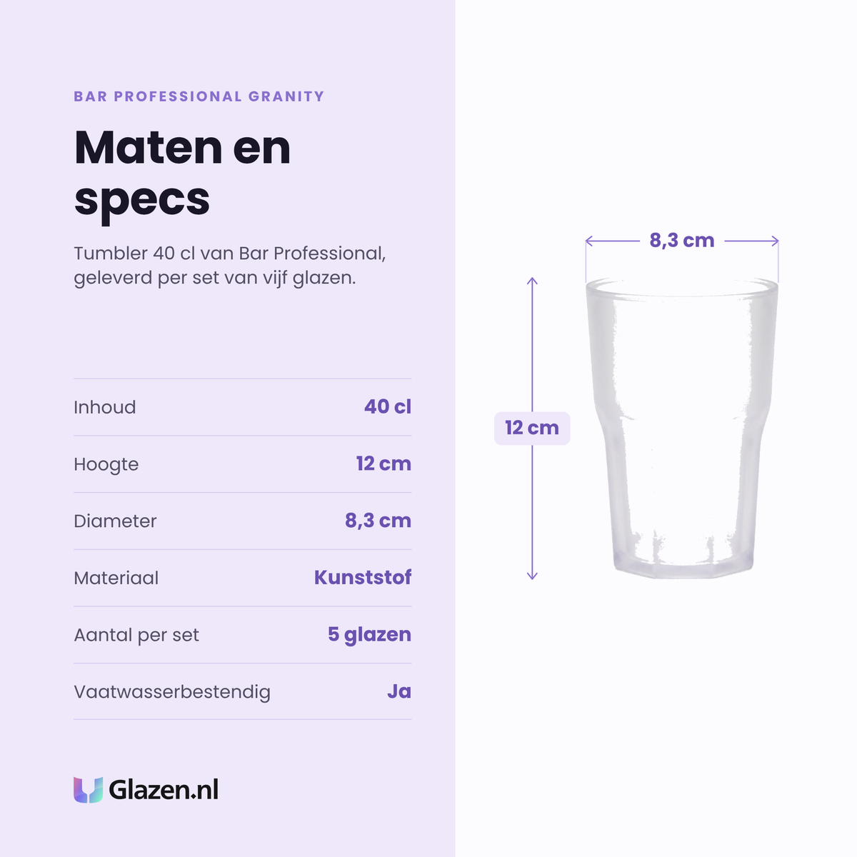 Bar Professional Granity tumbler 40 cl specificaties: inhoud 40 cl, hoogte 12 cm, diameter 8,3 cm, kunststof, set van 5