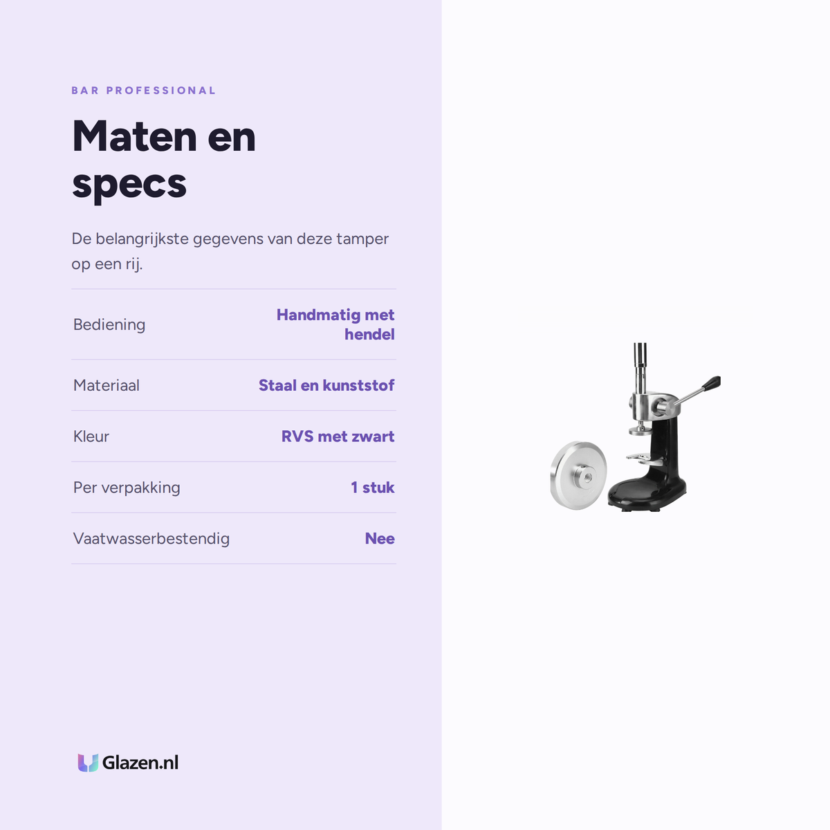 Maten en specificaties van Bar Professional Handmatige Koffietamper met Hendel