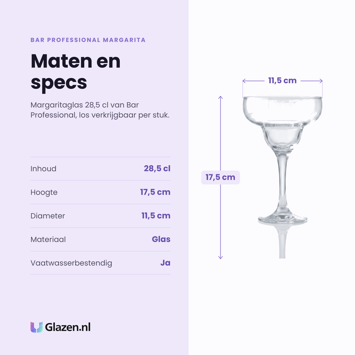 Bar Professional Margarita margaritaglas 28,5 cl specificaties: inhoud 28,5 cl, hoogte 17,5 cm, diameter 11,5 cm, glas, los per stuk