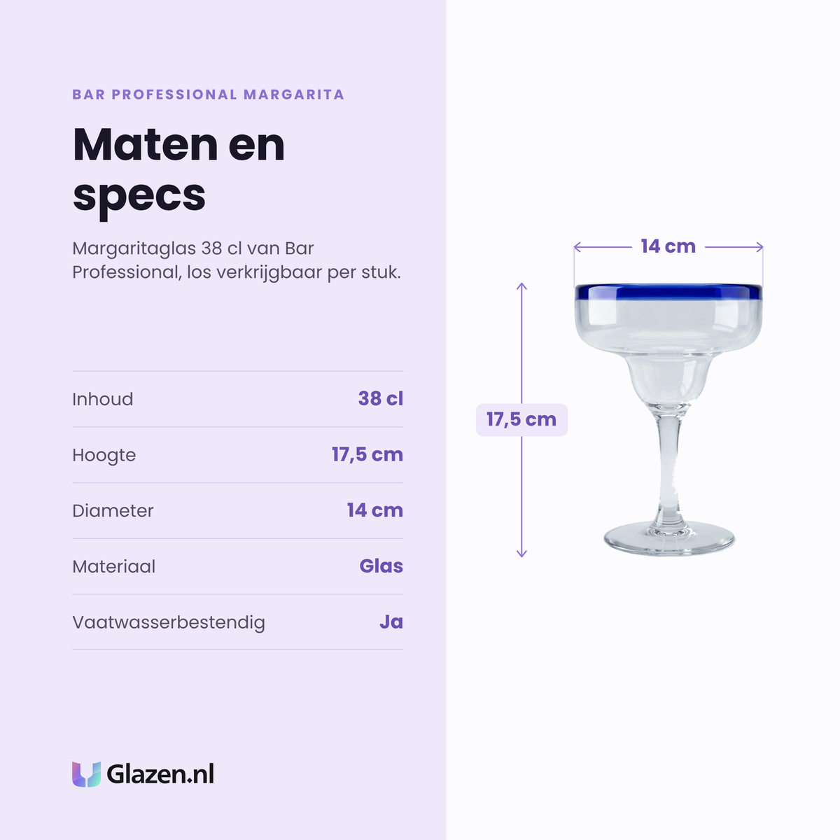 Bar Professional Margarita margaritaglas 38 cl specificaties: inhoud 38 cl, hoogte 17,5 cm, diameter 14 cm, glas, los per stuk